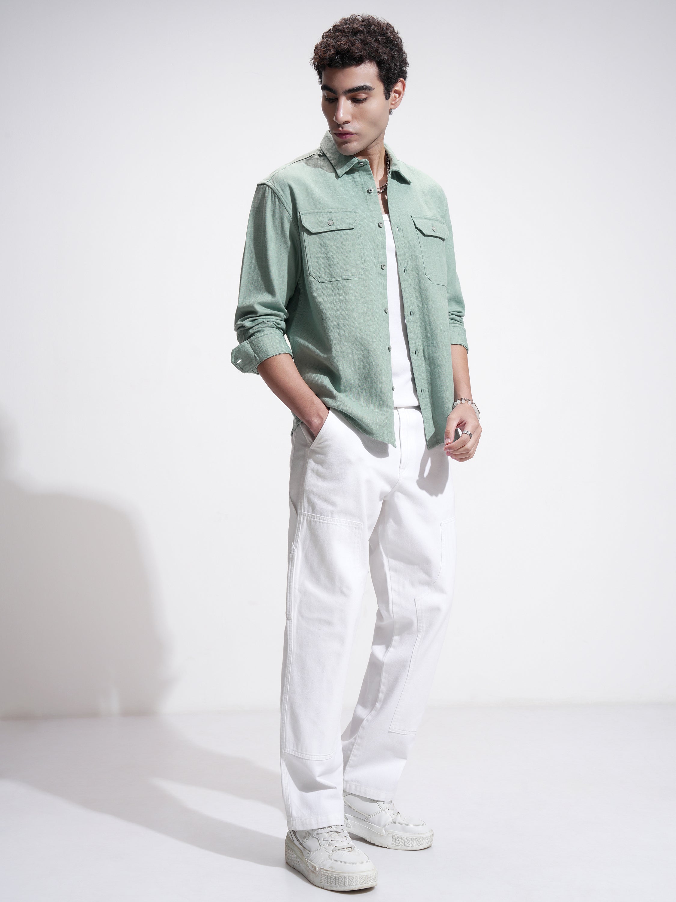 Highlander Men Green Self Design Relaxed Fit Casual Shirt - Green - Image 2