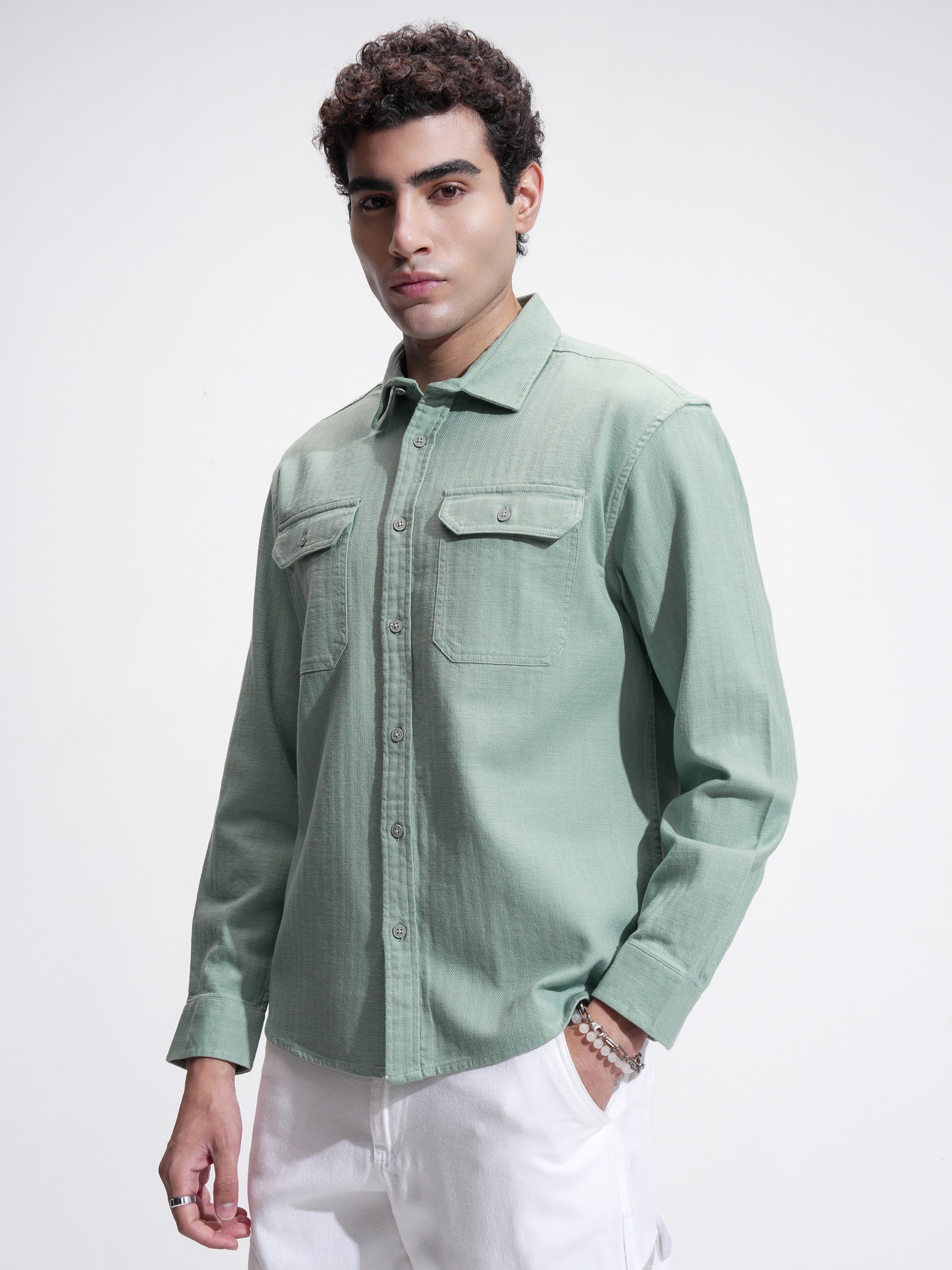 Highlander Men Green Self Design Relaxed Fit Casual Shirt - Green - Image 4