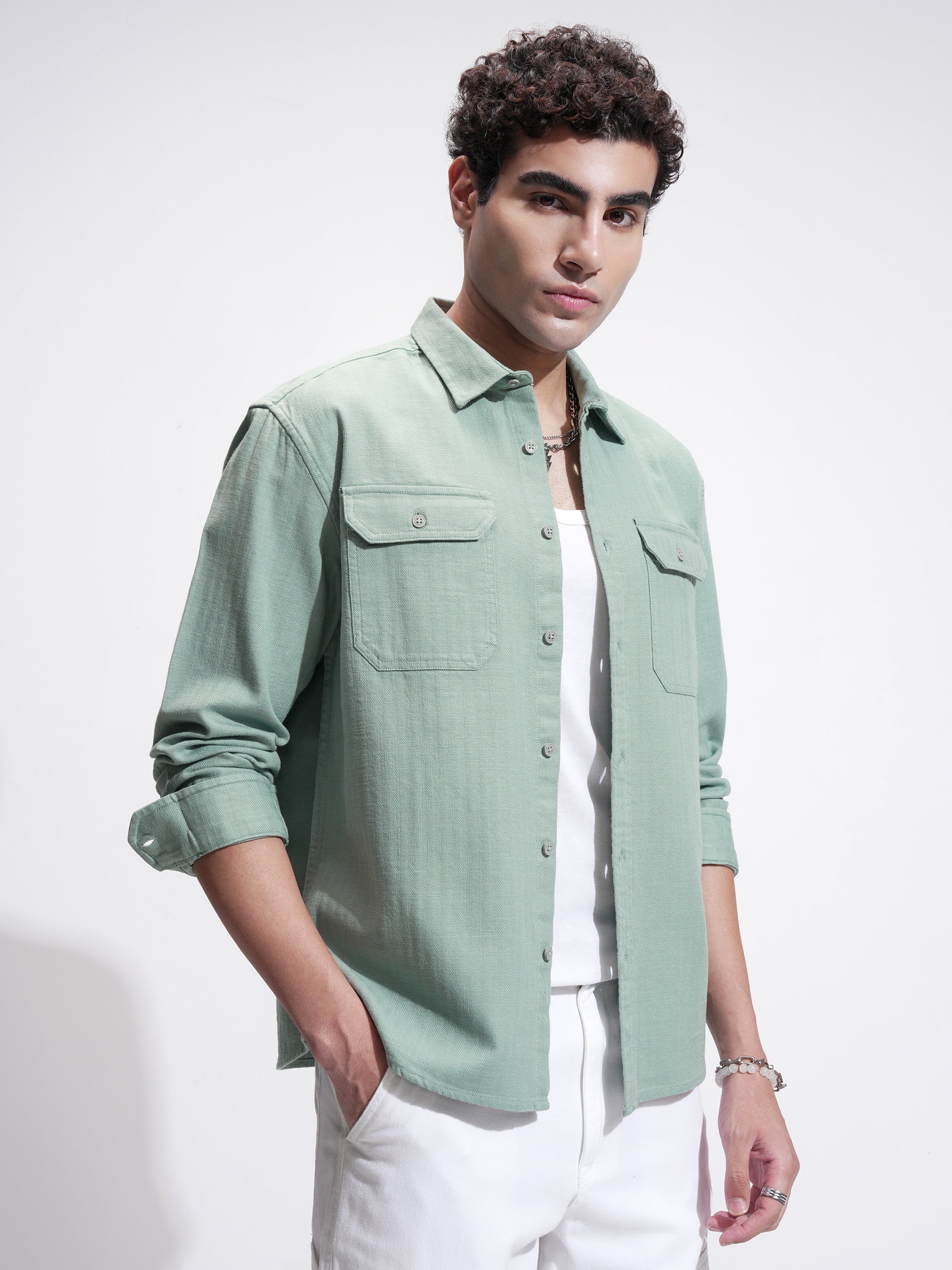 Highlander Men Green Self Design Relaxed Fit Casual Shirt - Green - Image 6