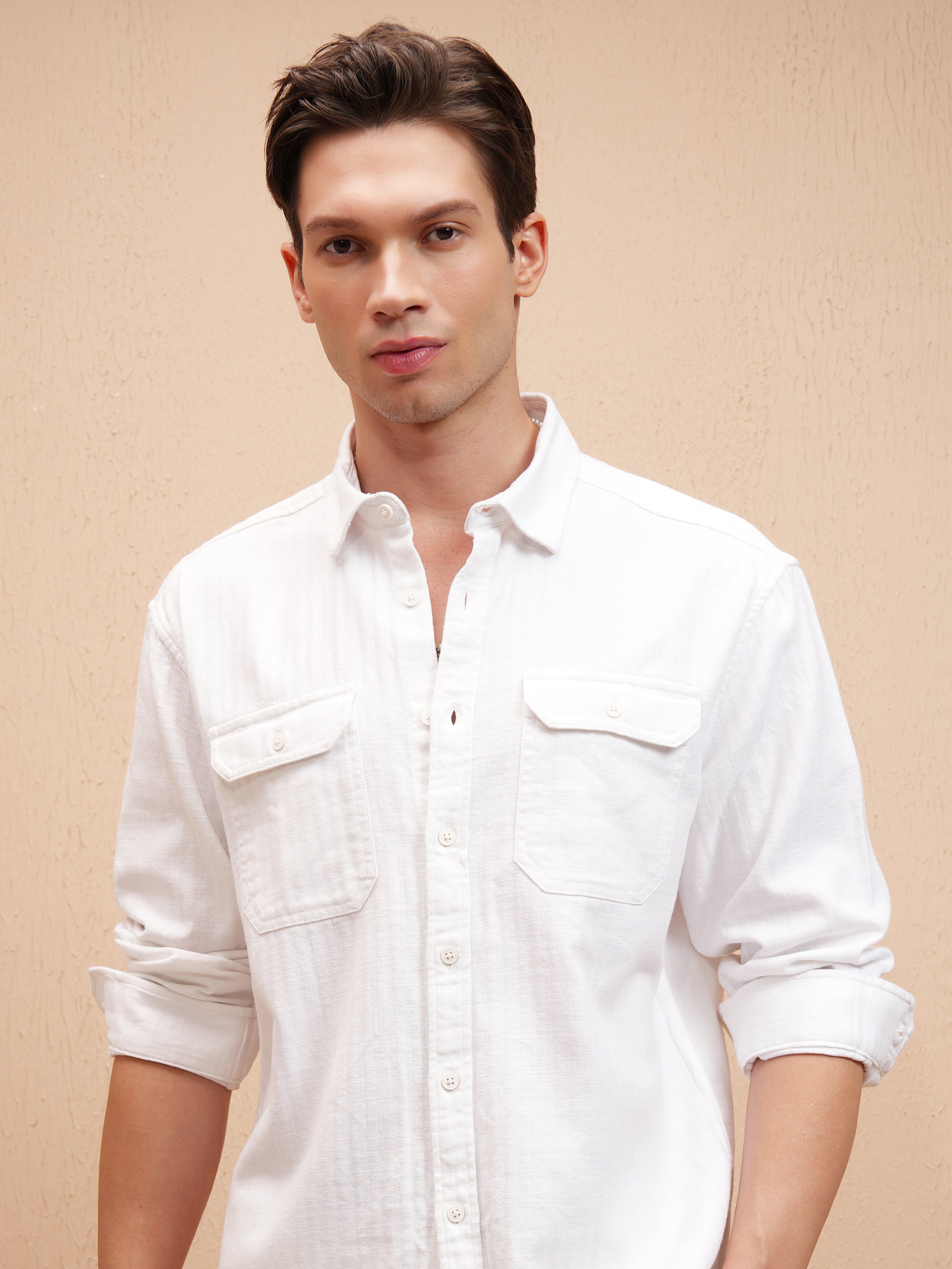 Highlander Men White Self Design Relaxed Fit Casual Shirt - White - Image 1