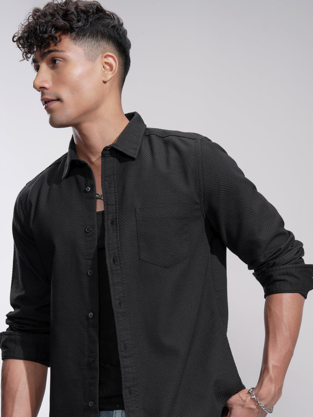 Highlander Men Black Self Design Slim Fit Casual Shirt - Black - Image 1