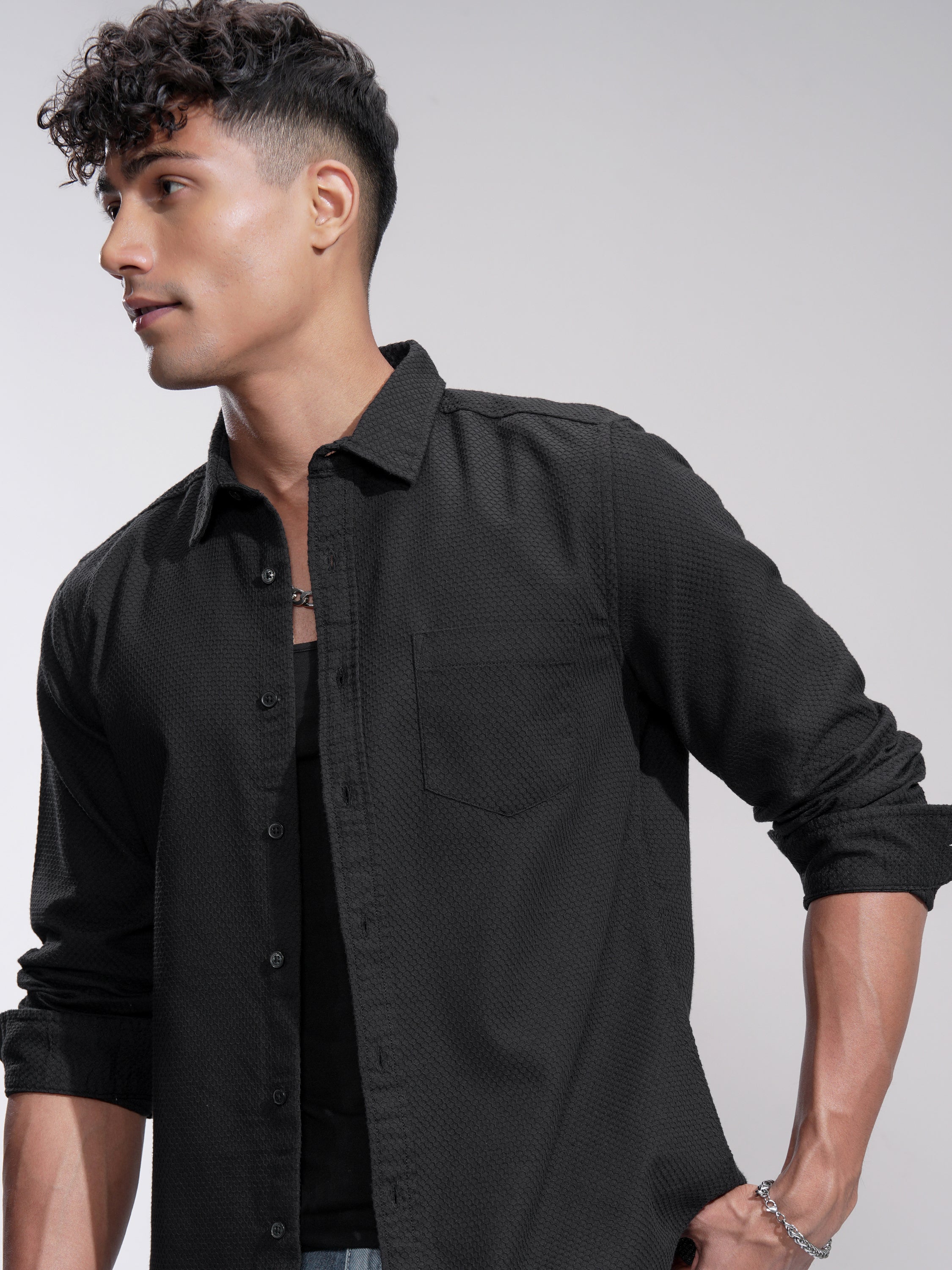 Highlander Men Black Self Design Slim Fit Casual Shirt - Black - Image 1