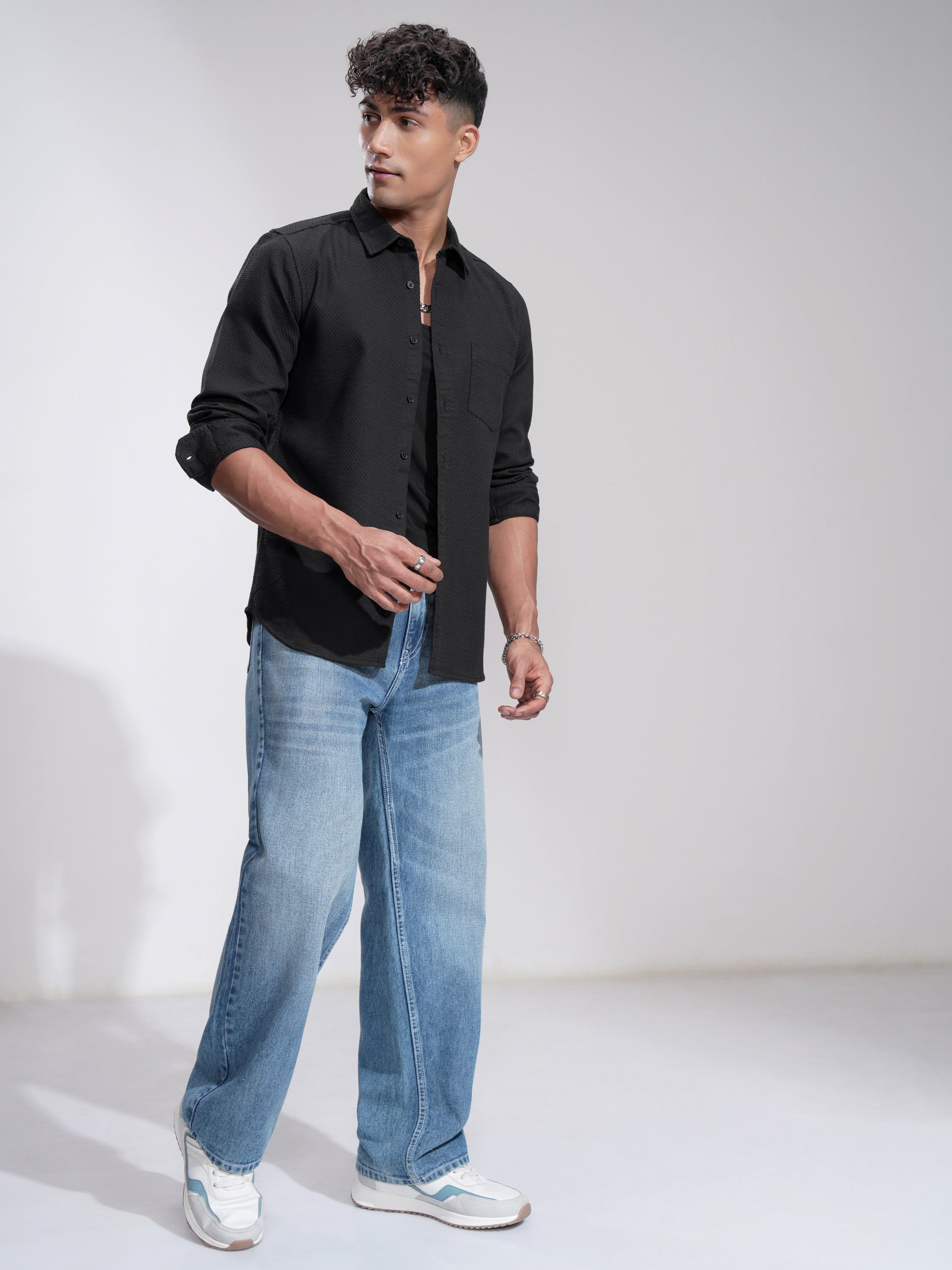 Highlander Men Black Self Design Slim Fit Casual Shirt - Black - Image 2