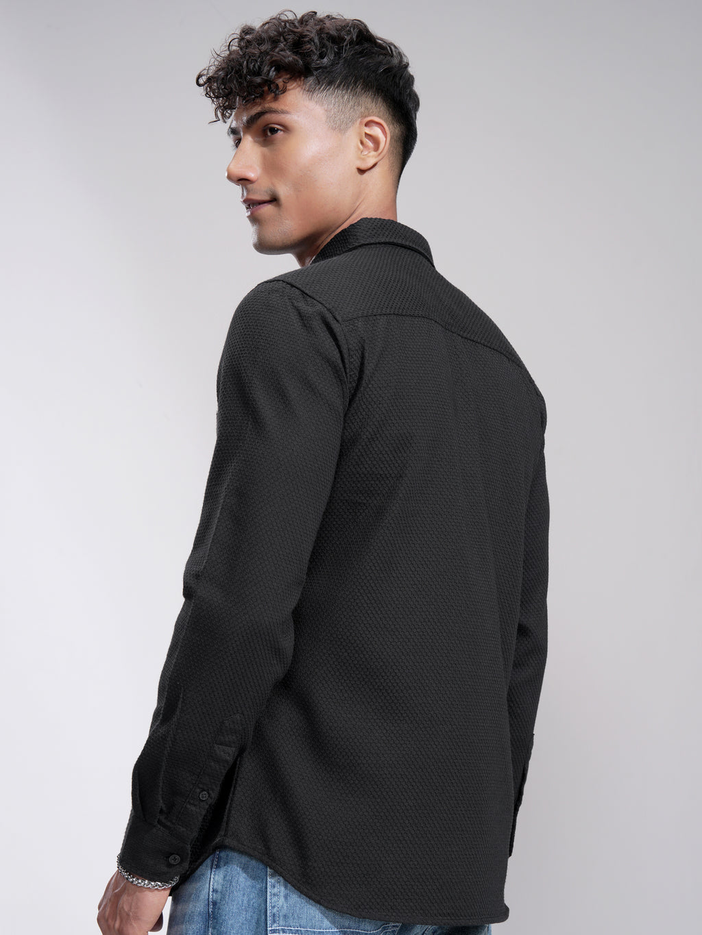 Highlander Men Black Self Design Slim Fit Casual Shirt - Black - Image 3