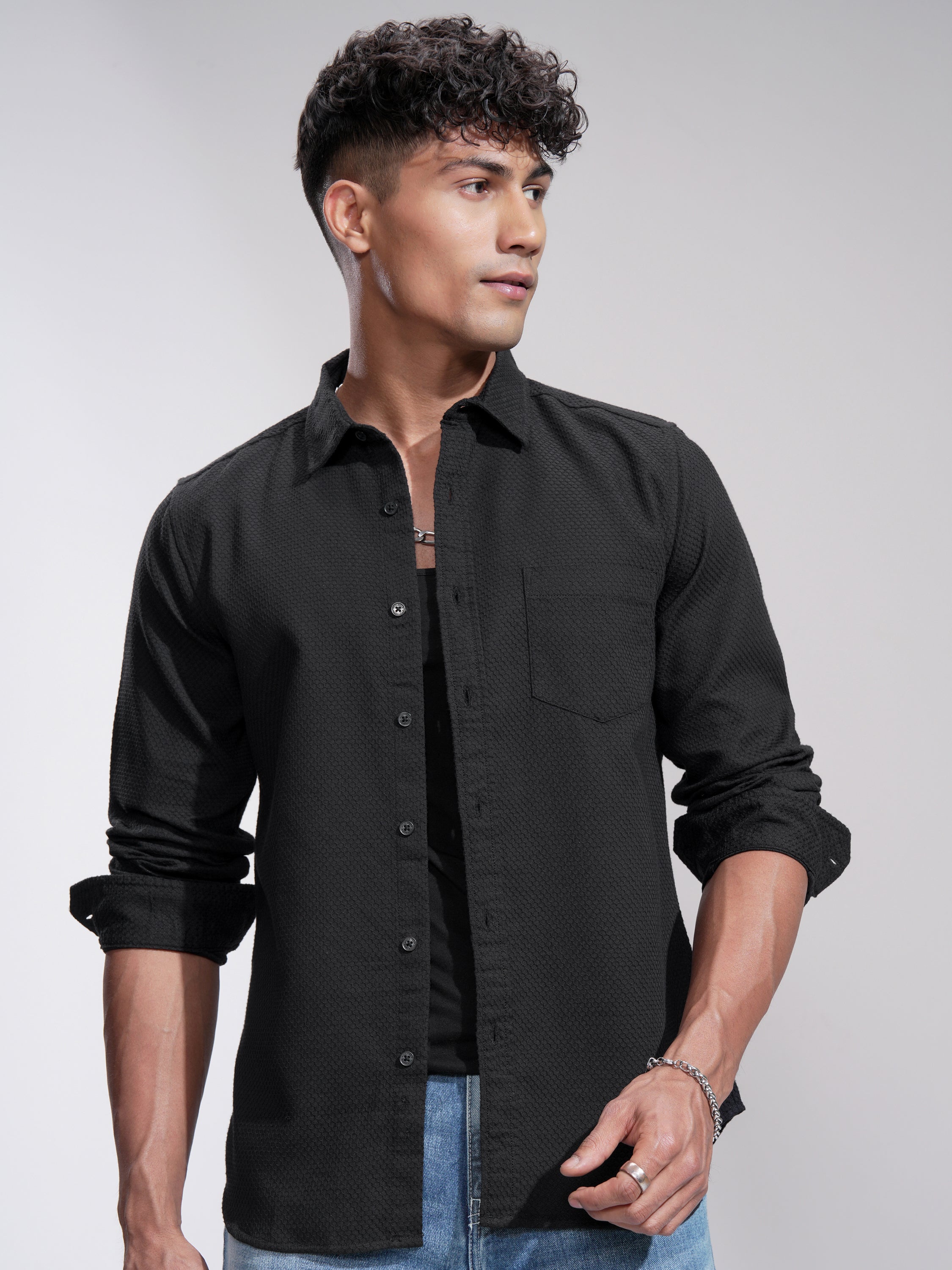 Highlander Men Black Self Design Slim Fit Casual Shirt - Black - Image 4