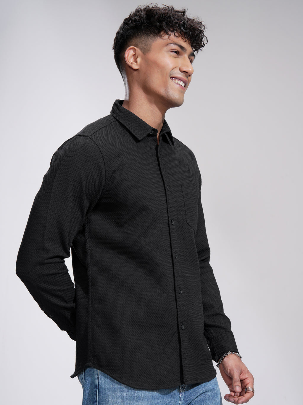 Highlander Men Black Self Design Slim Fit Casual Shirt - Black - Image 6
