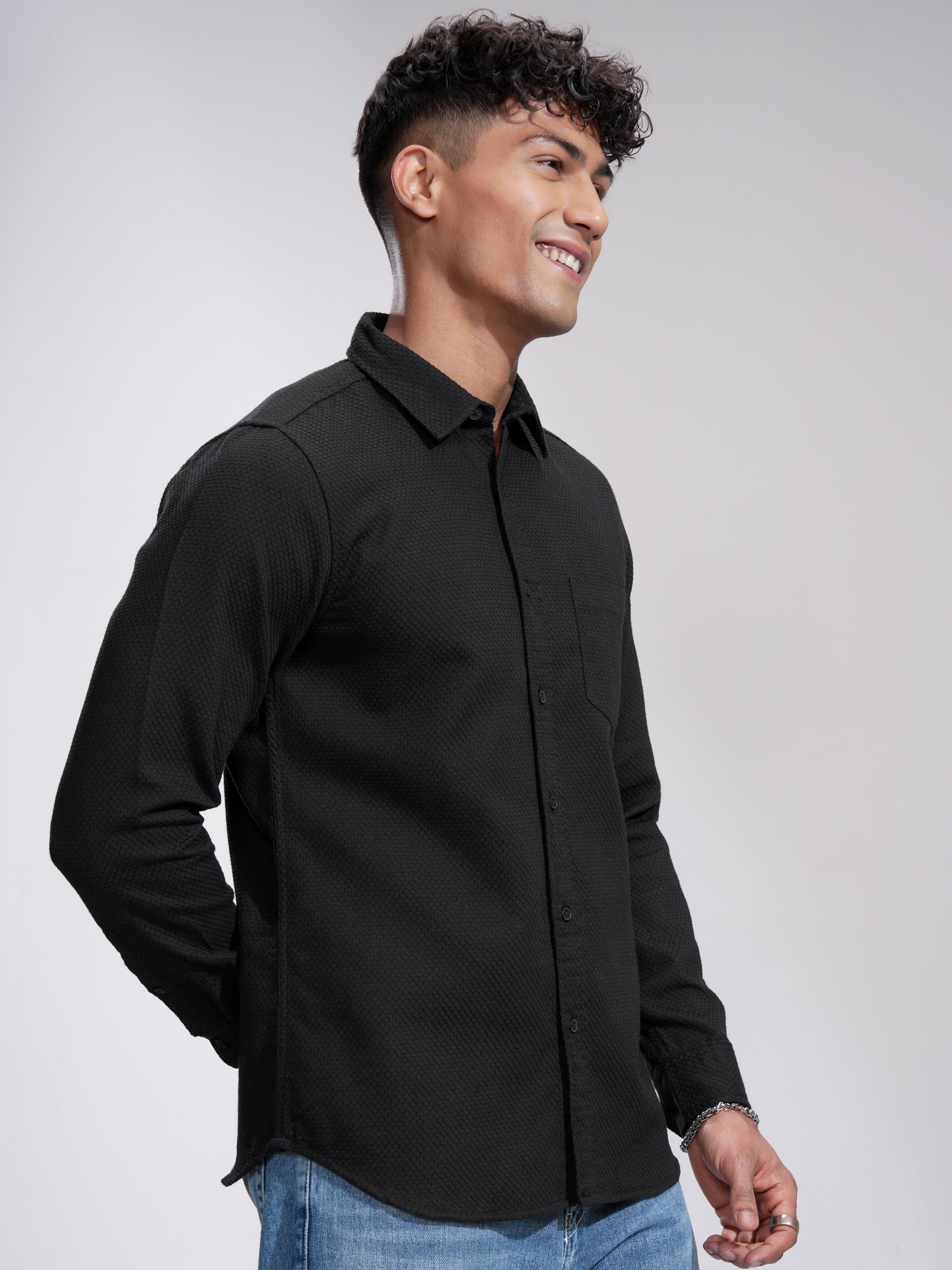 Highlander Men Black Self Design Slim Fit Casual Shirt - Black - Image 6