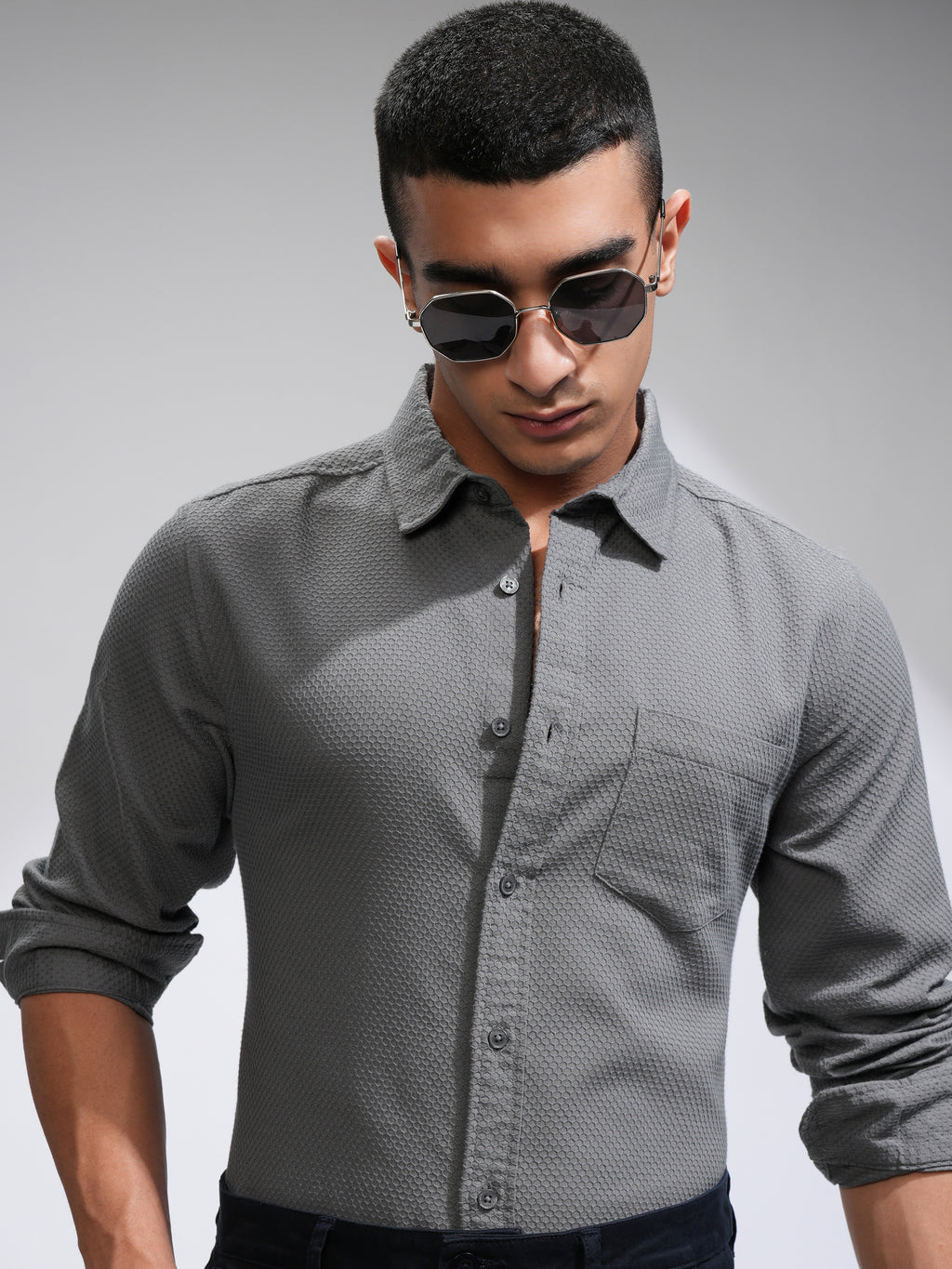 Highlander Men Grey Textured Slim Fit Casual Shirt - Grey - Image 1