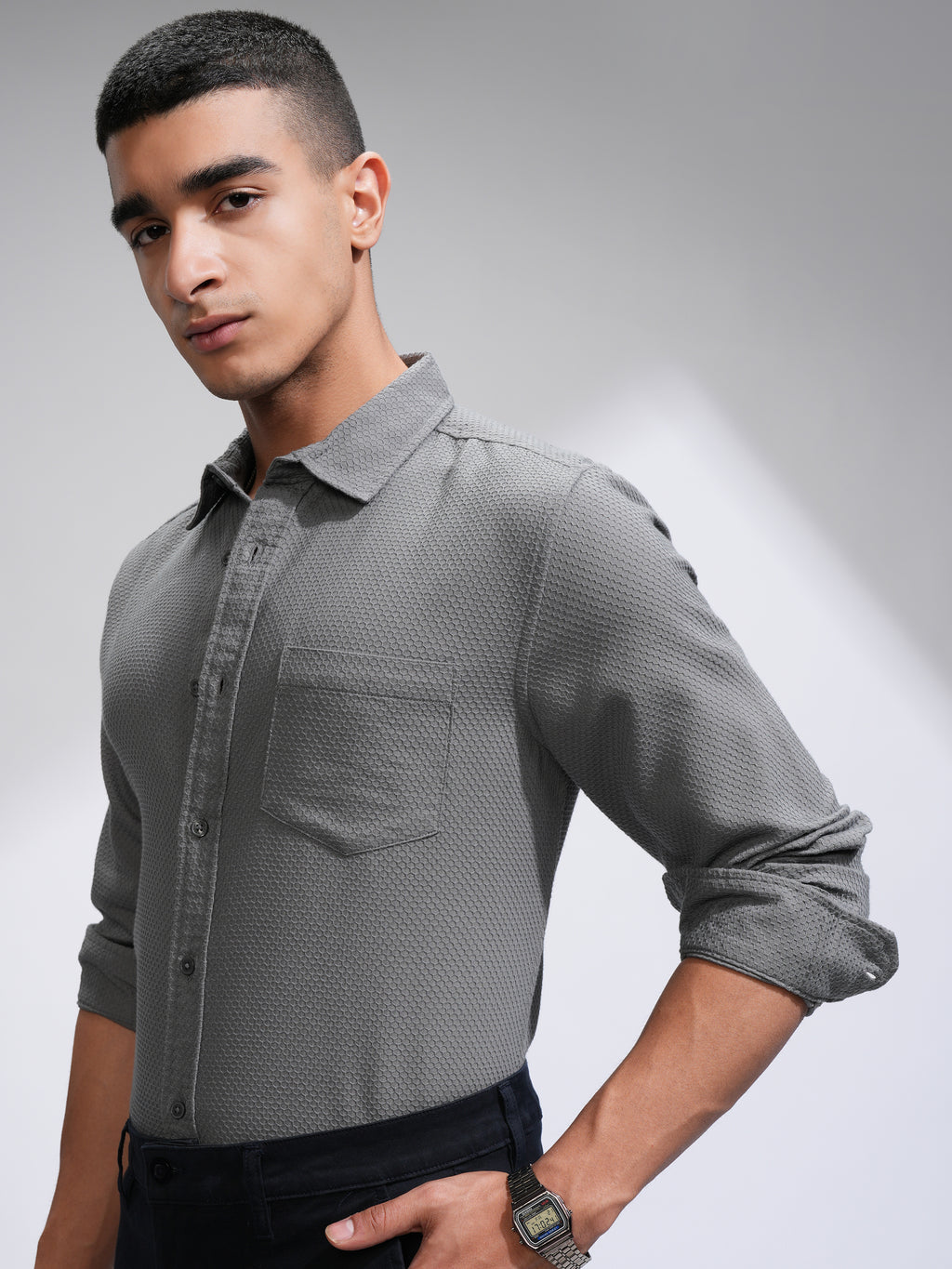 Highlander Men Grey Textured Slim Fit Casual Shirt - Grey - Image 4