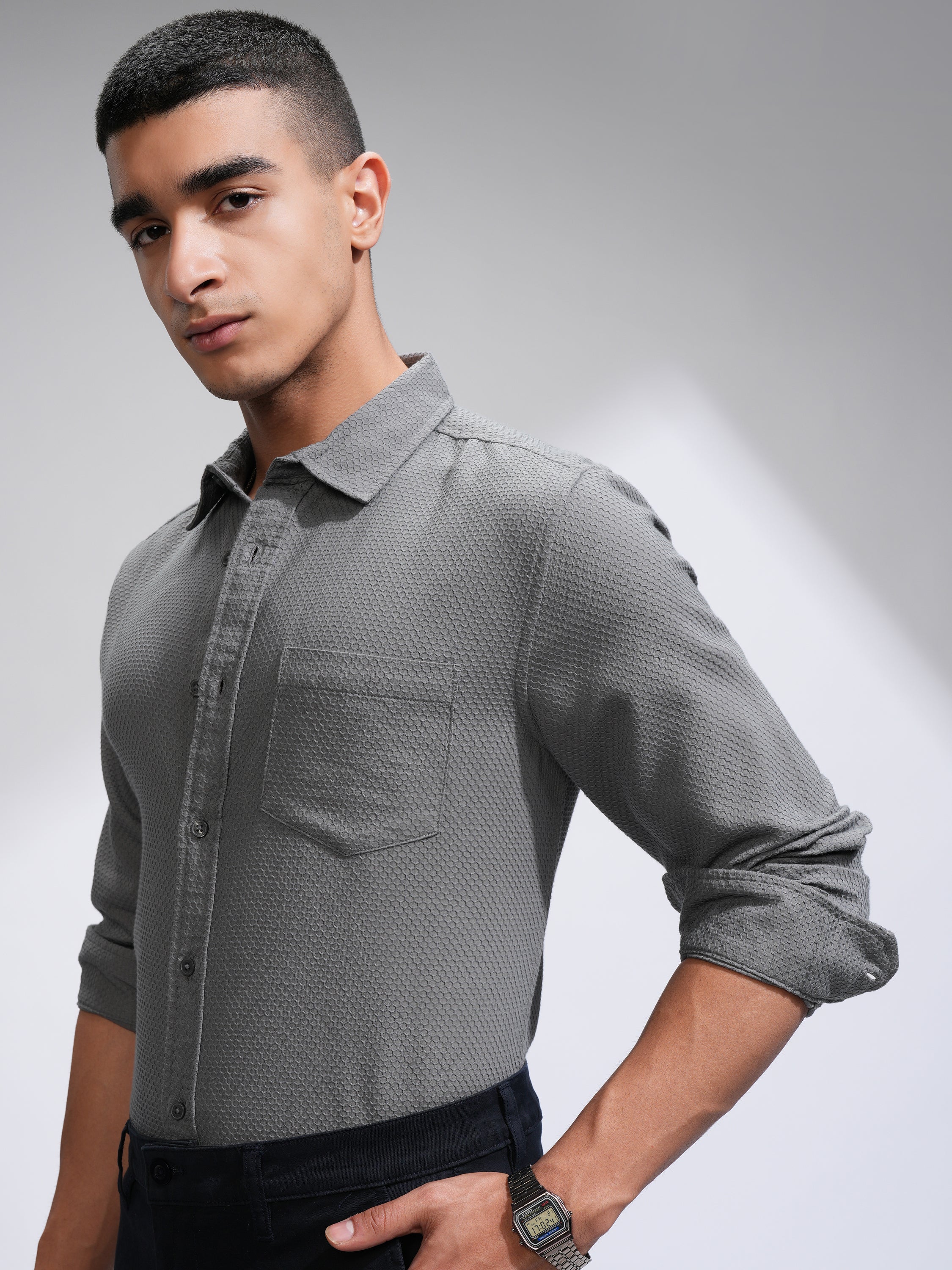 Highlander Men Grey Textured Slim Fit Casual Shirt - Grey - Image 4