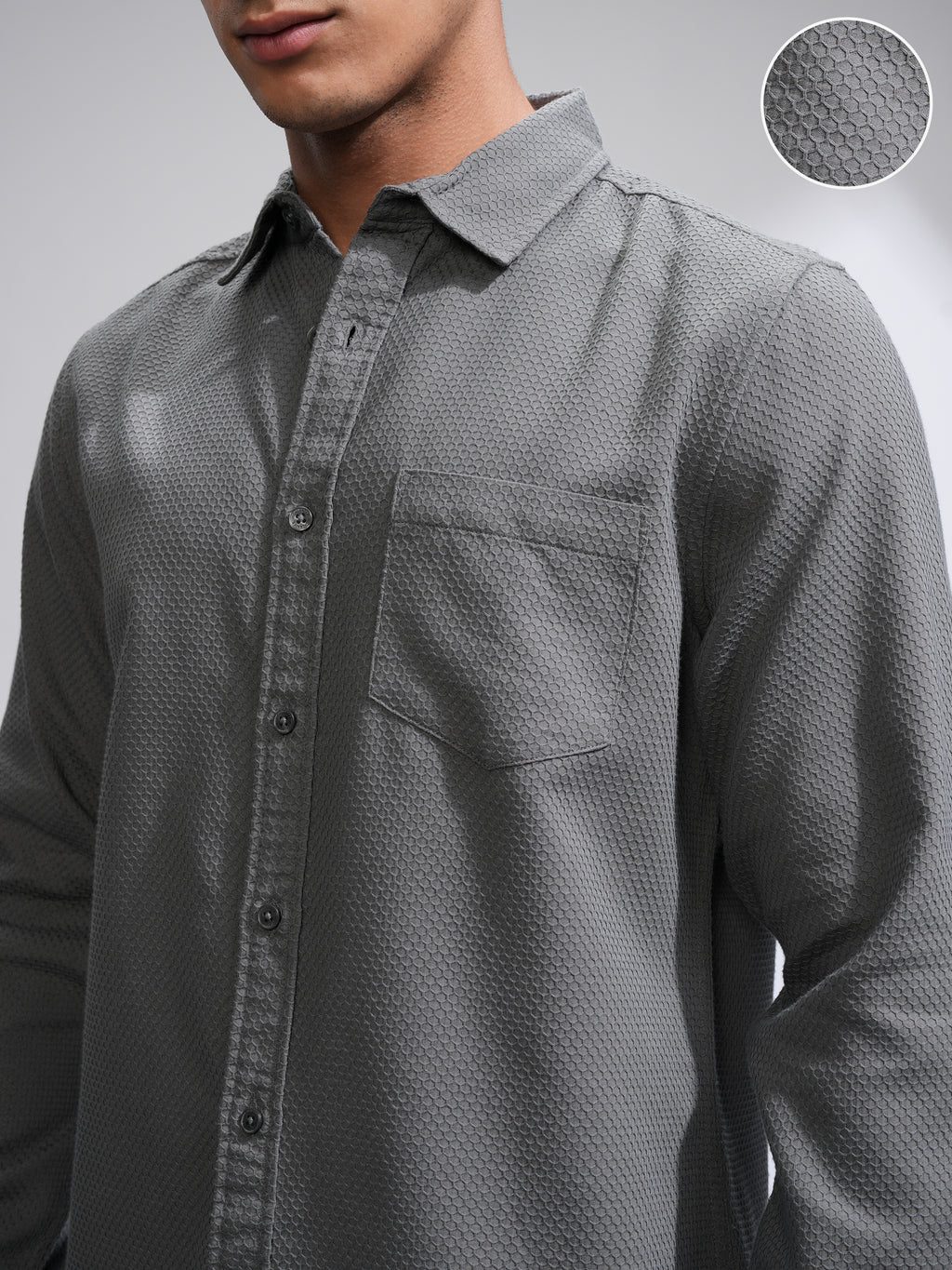 Highlander Men Grey Textured Slim Fit Casual Shirt - Grey - Image 5