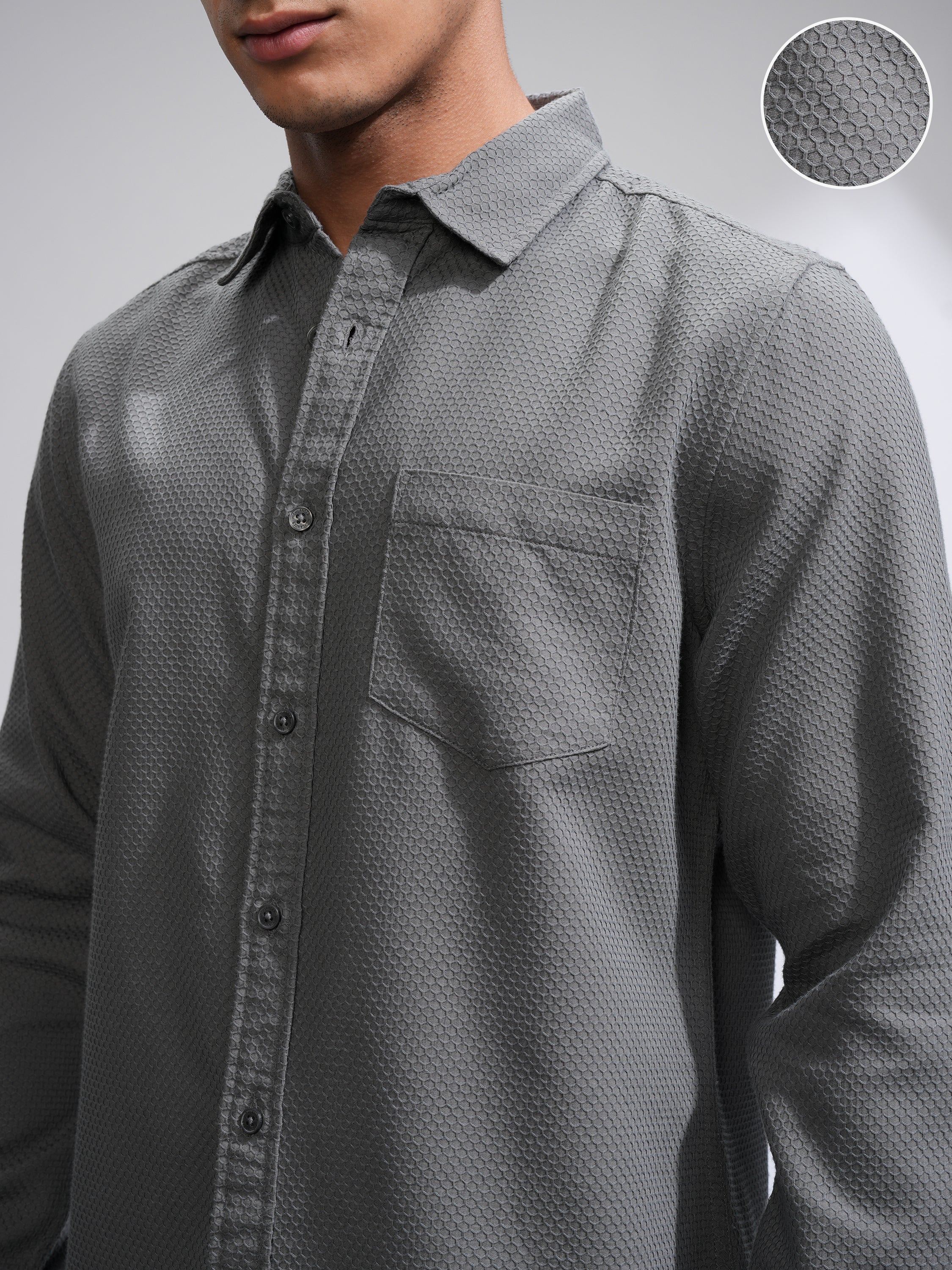 Highlander Men Grey Textured Slim Fit Casual Shirt - Grey - Image 5