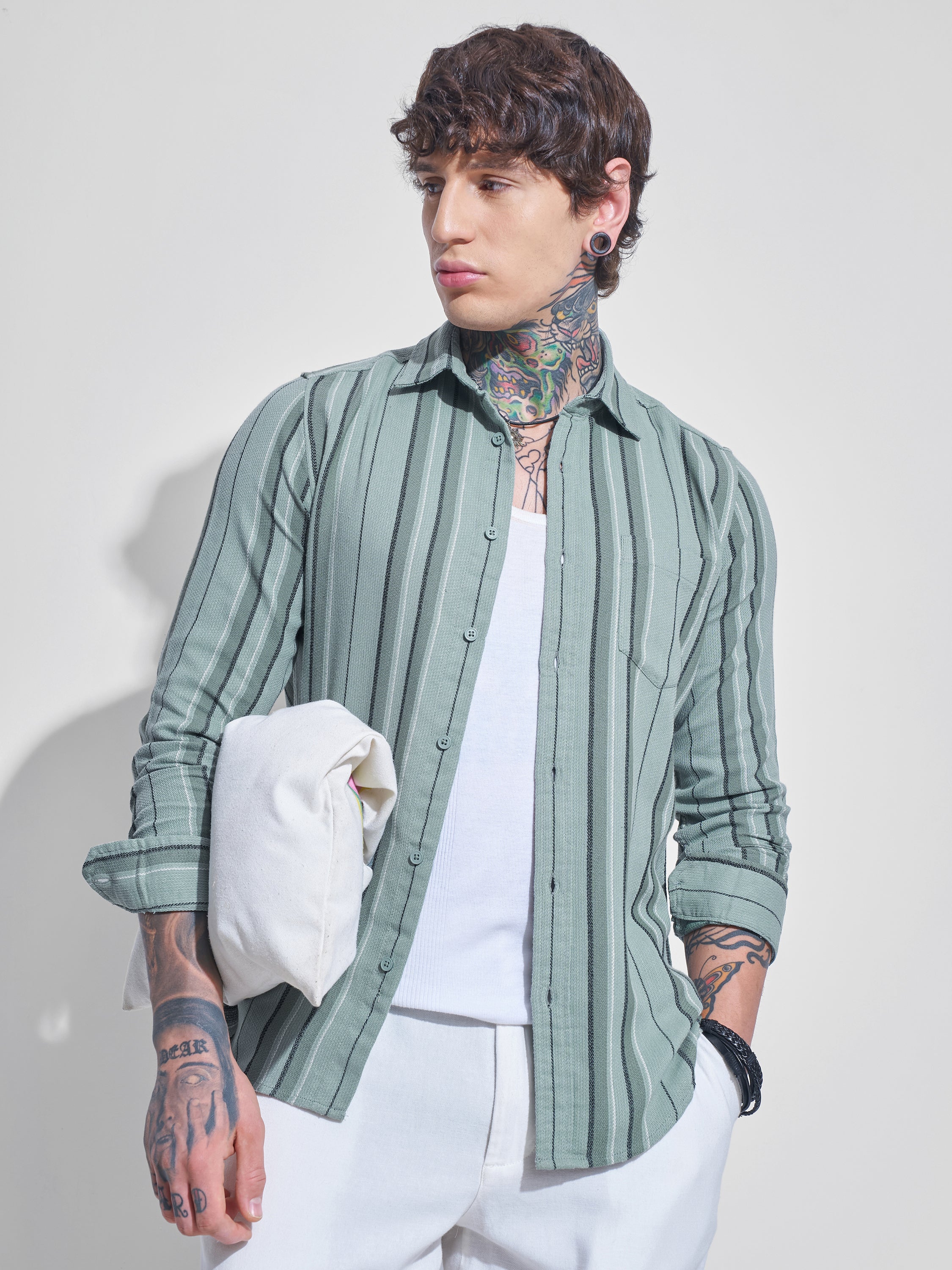 Highlander Men Green Striped Oversized Fit Casual Shirt - Green - Image 1