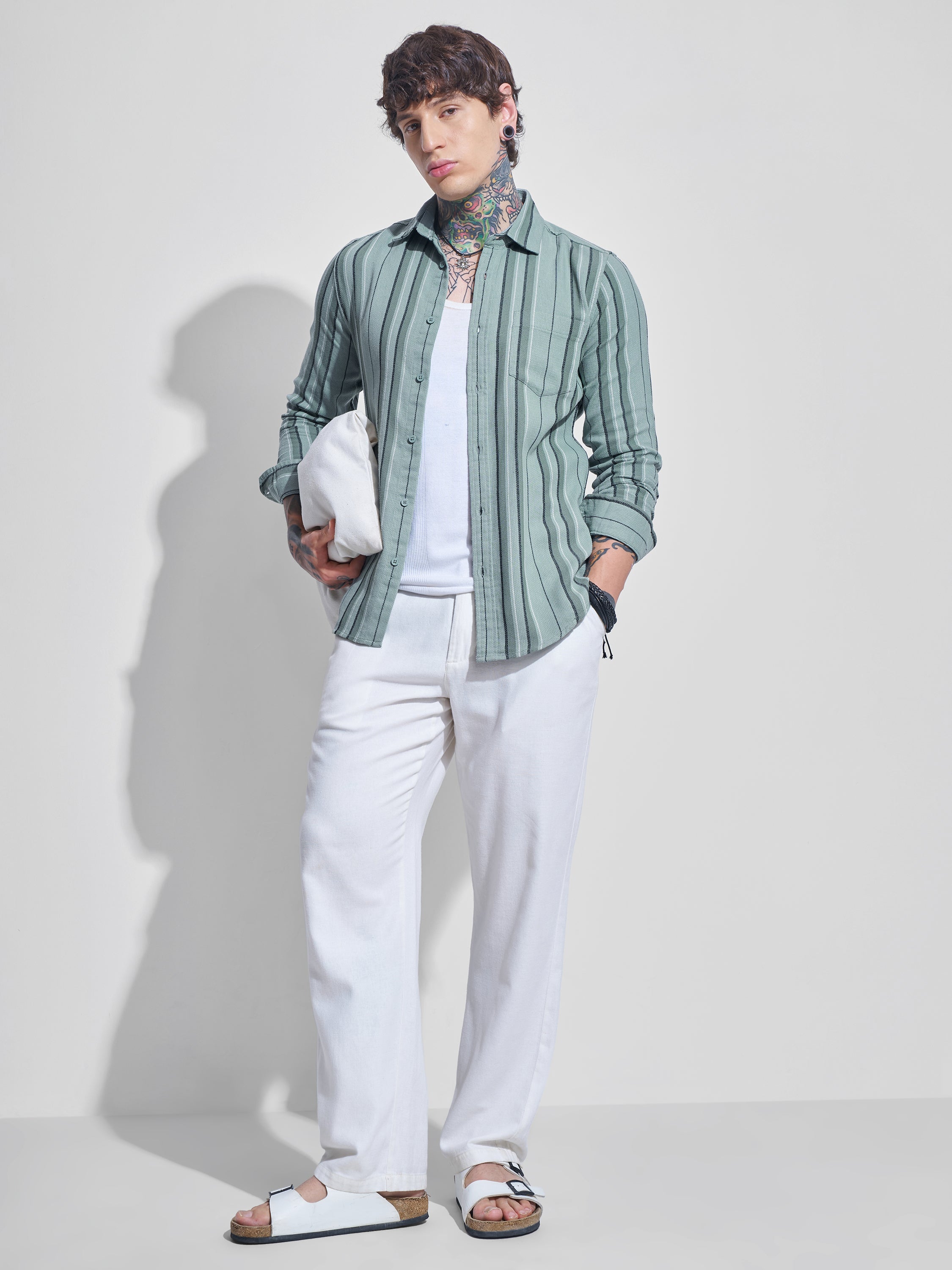 Highlander Men Green Striped Oversized Fit Casual Shirt - Green - Image 2