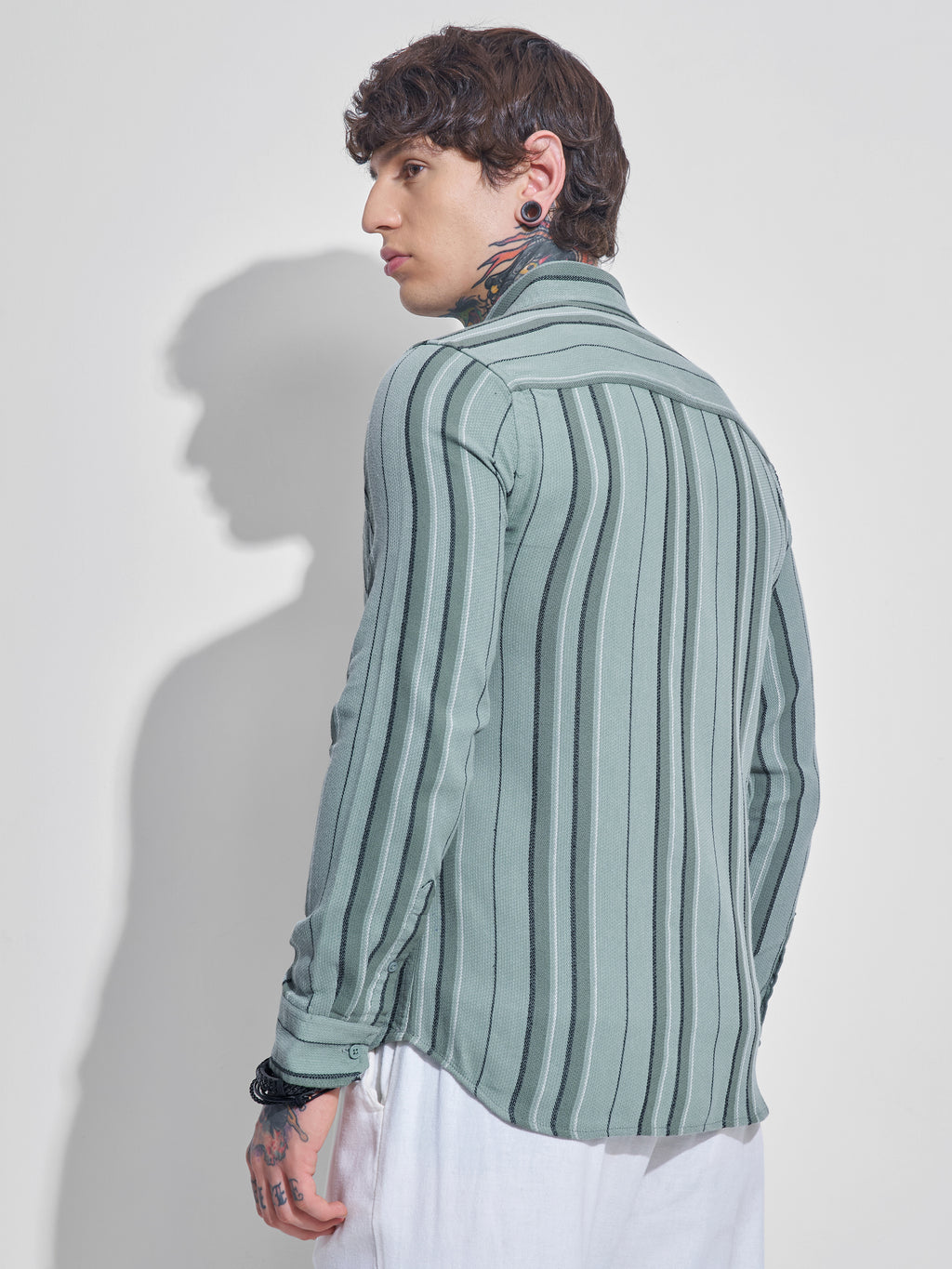 Highlander Men Green Striped Oversized Fit Casual Shirt - Green - Image 3
