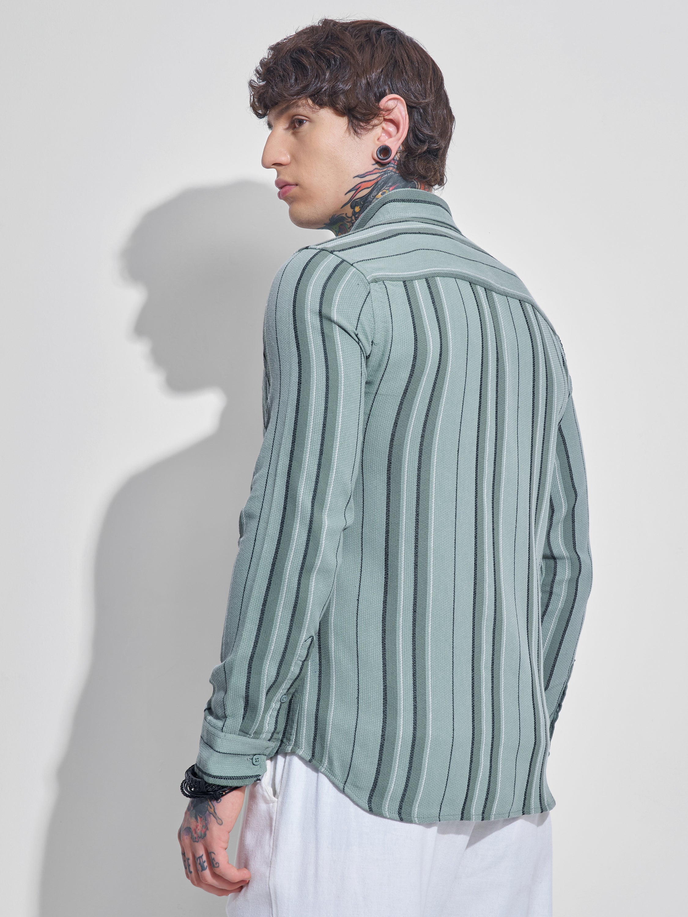 Highlander Men Green Striped Oversized Fit Casual Shirt - Green - Image 3