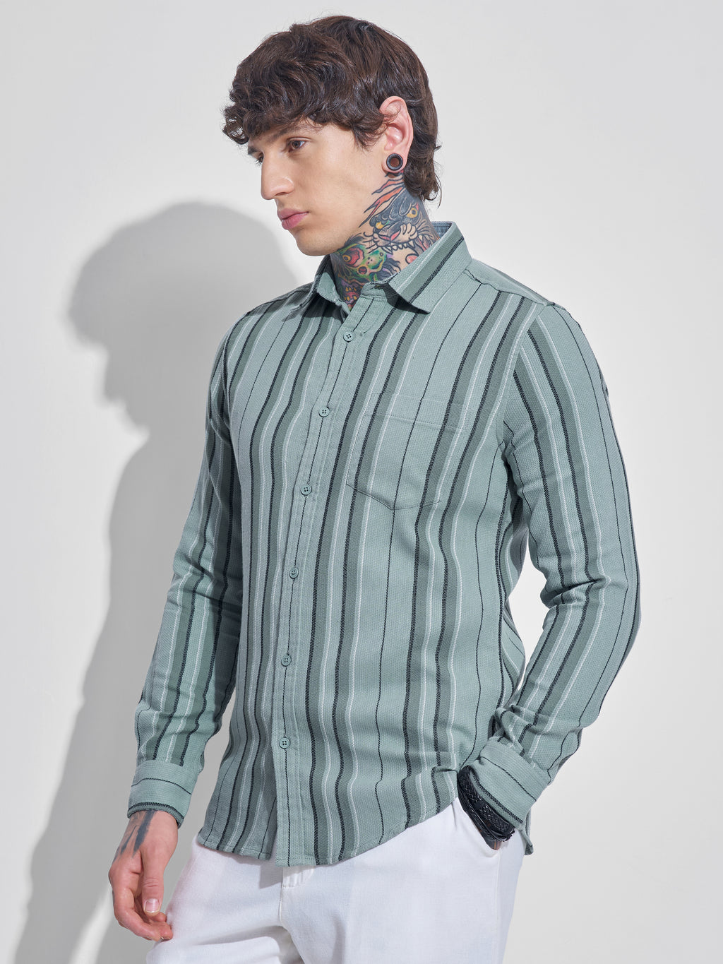 Highlander Men Green Striped Oversized Fit Casual Shirt - Green - Image 4