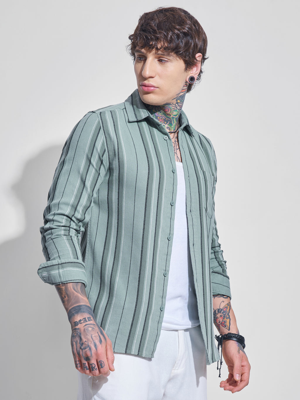 Highlander Men Green Striped Oversized Fit Casual Shirt - Green - Image 6
