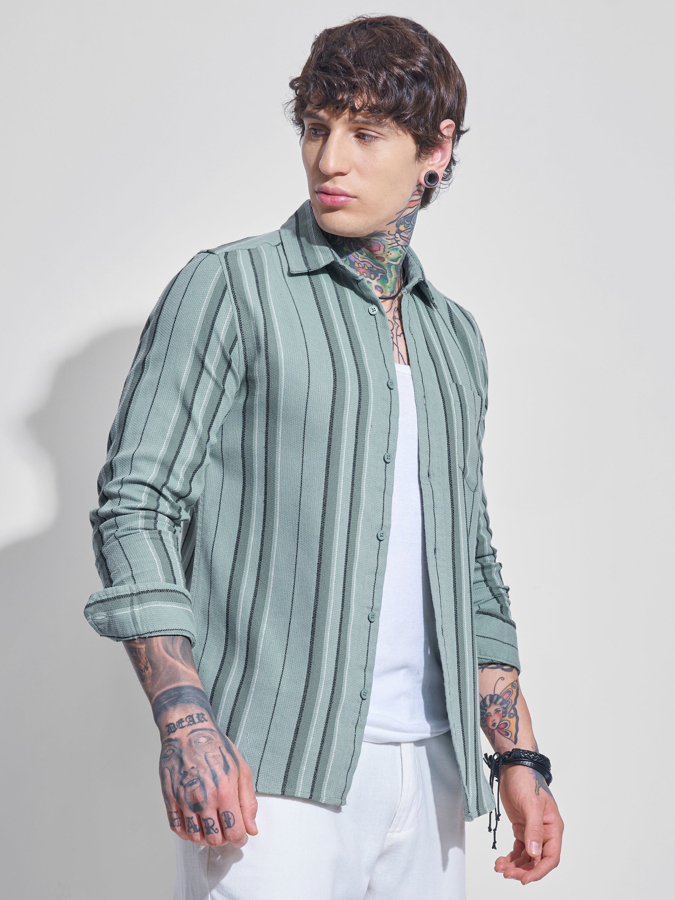 Highlander Men Green Striped Oversized Fit Casual Shirt - Green - Image 6