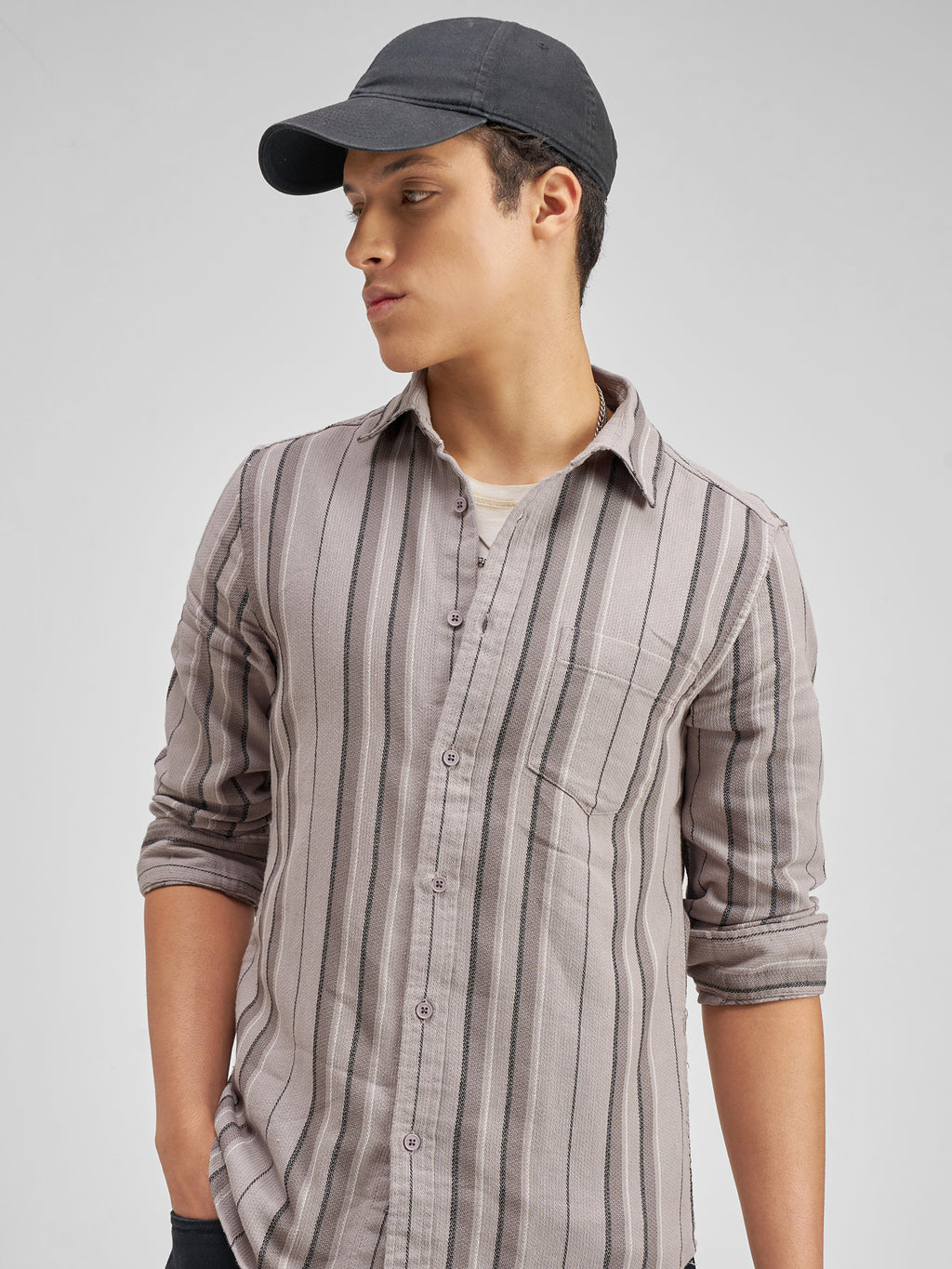 Highlander Men Taupe Striped Slim Fit Casual Shirt - Taupe - Image 1