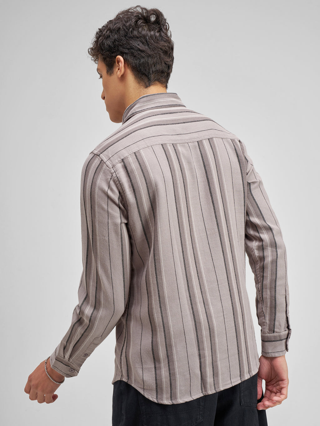 Highlander Men Taupe Striped Slim Fit Casual Shirt - Taupe - Image 3