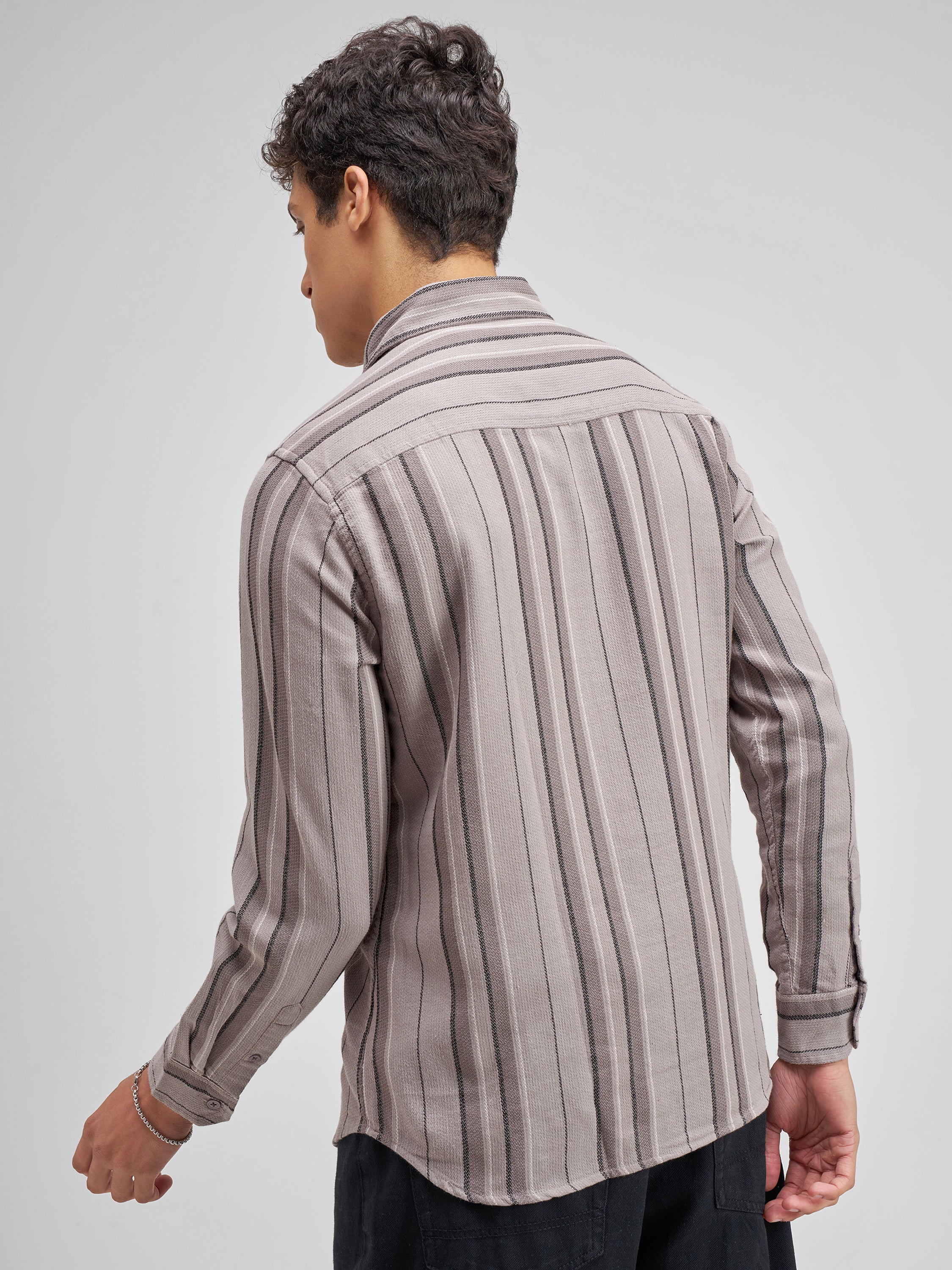 Highlander Men Taupe Striped Slim Fit Casual Shirt - Taupe - Image 3
