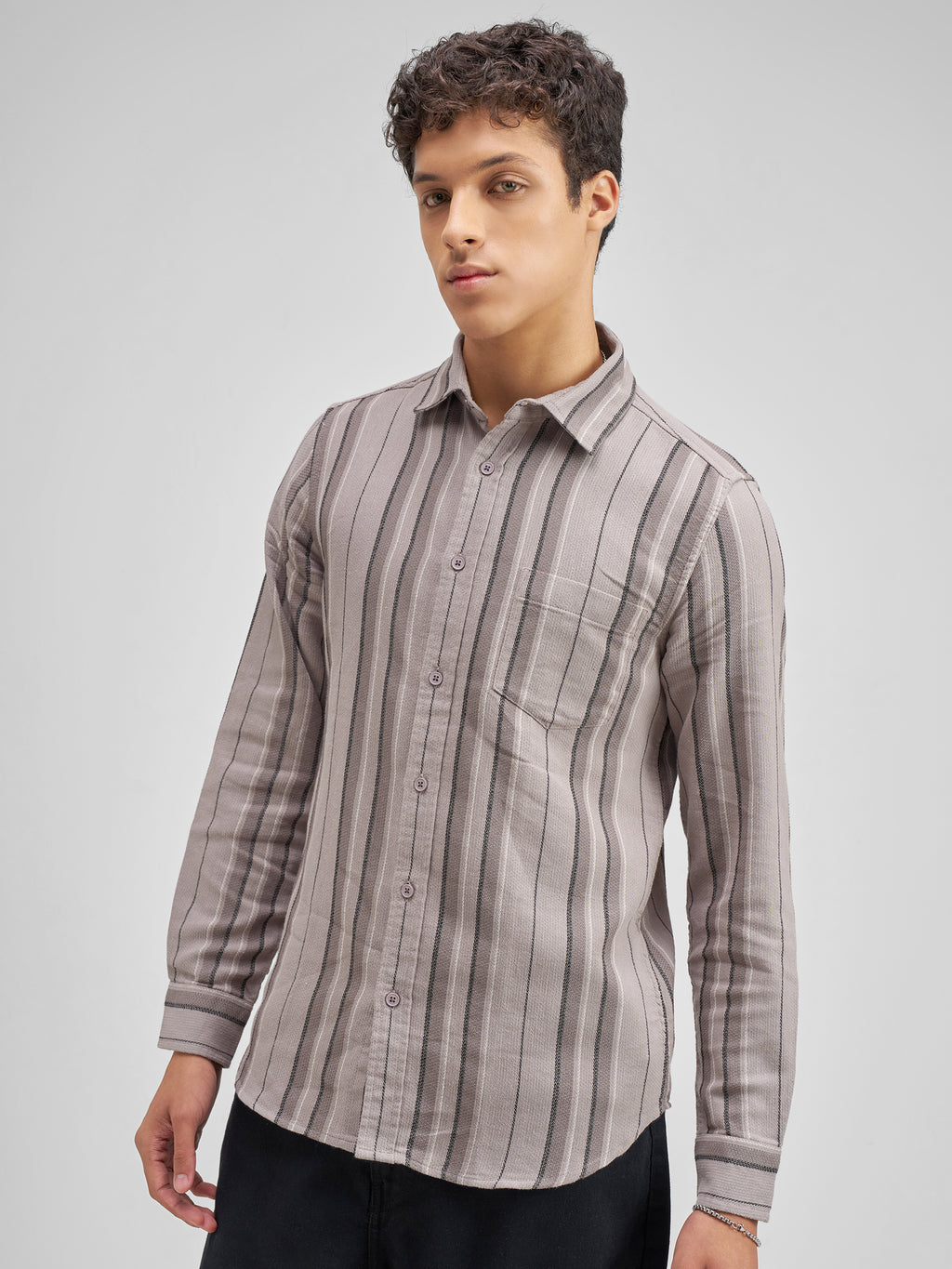 Highlander Men Taupe Striped Slim Fit Casual Shirt - Taupe - Image 4