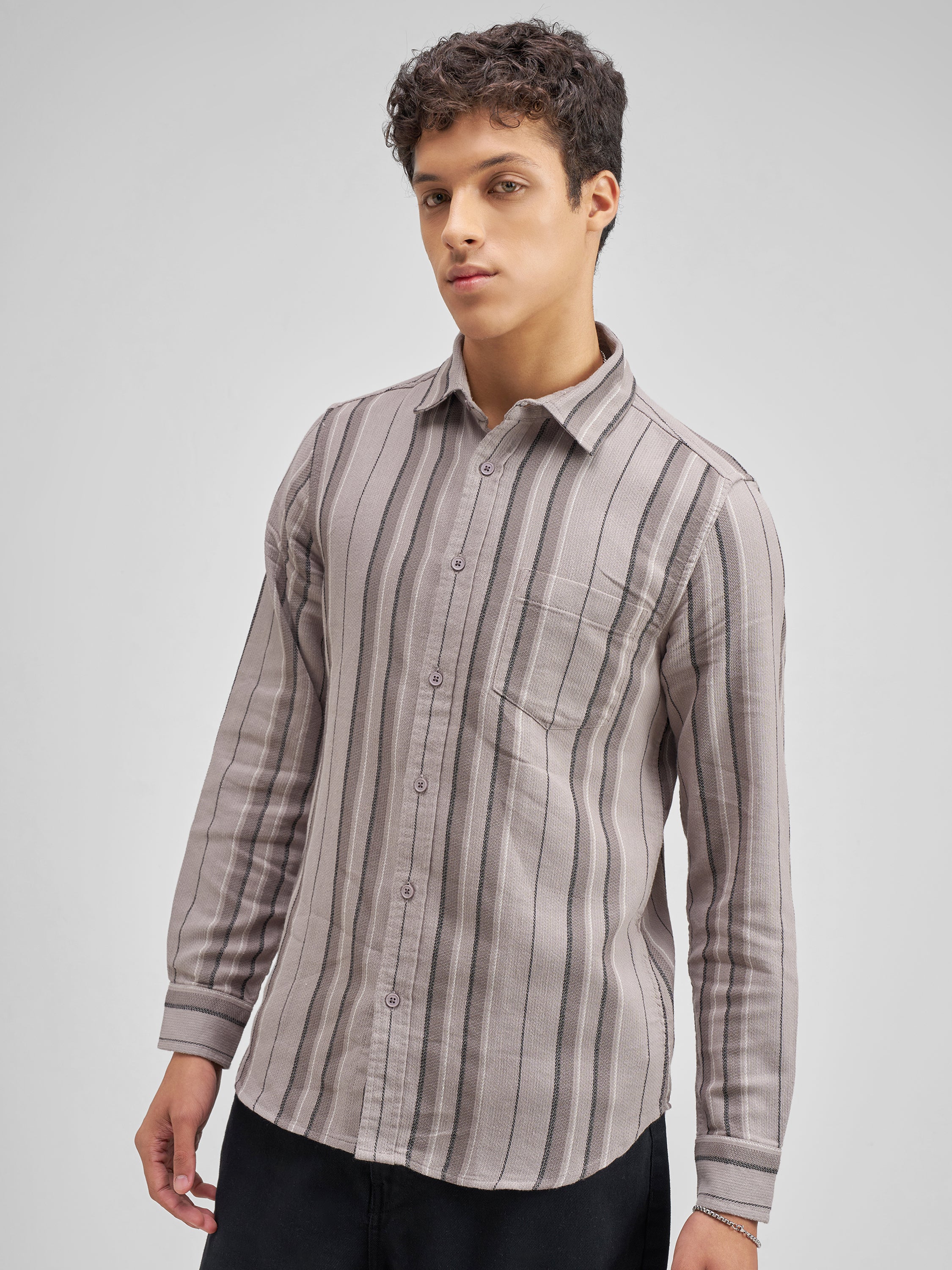 Highlander Men Taupe Striped Slim Fit Casual Shirt - Taupe - Image 4