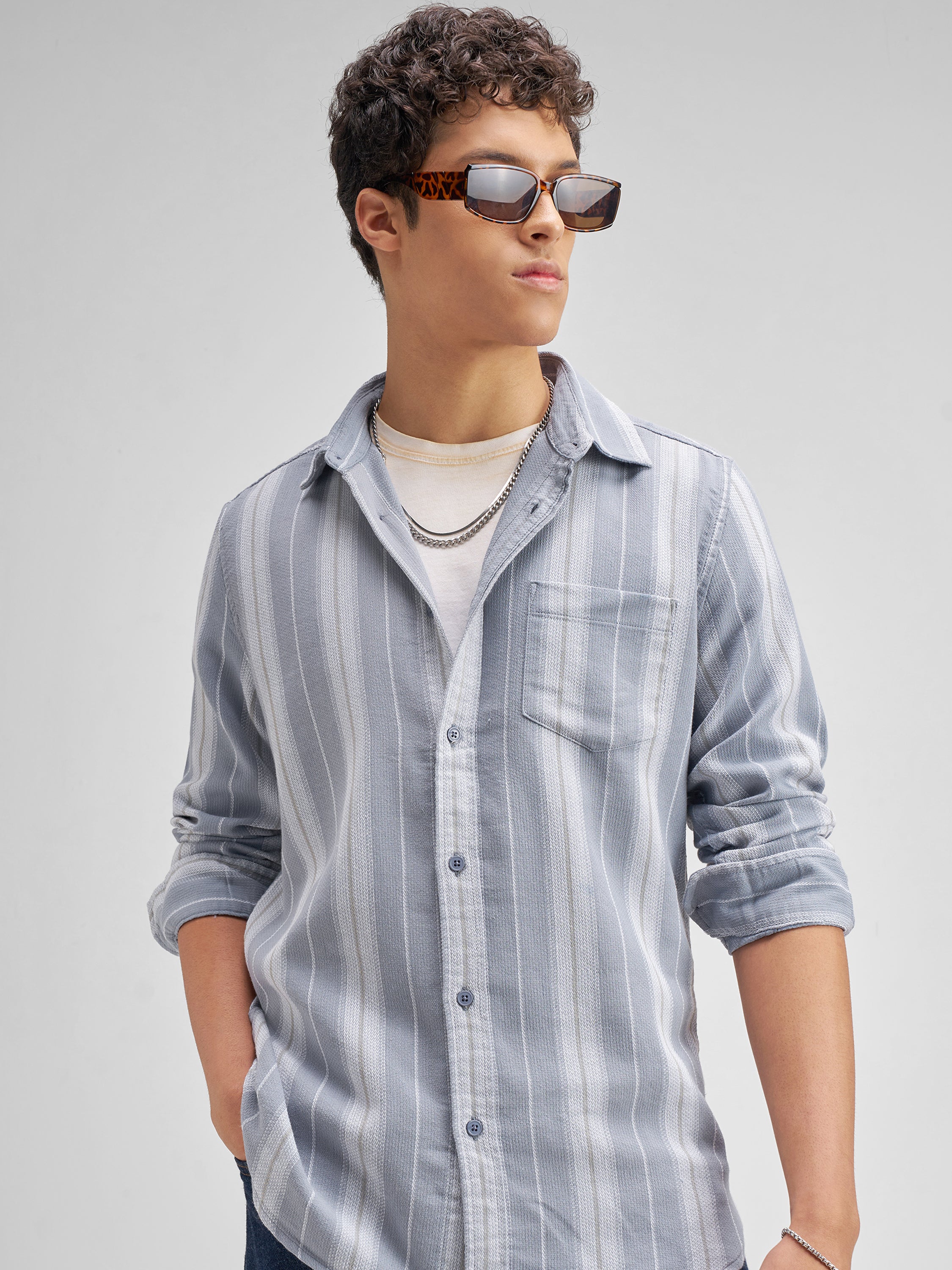 Highlander Men Blue Striped Regular Fit Casual Shirt - Blue - Image 1