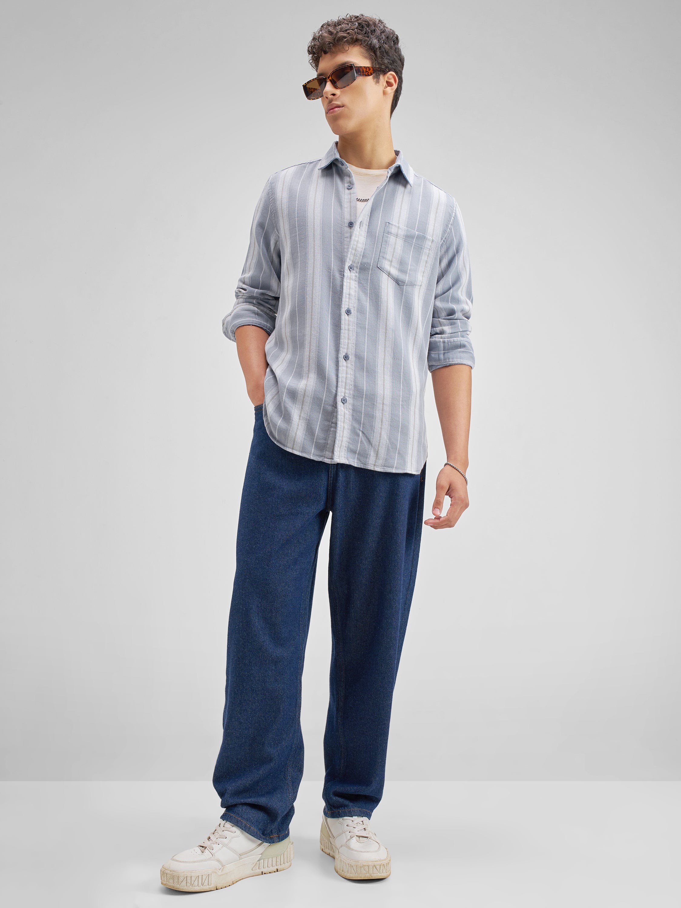 Highlander Men Blue Striped Regular Fit Casual Shirt - Blue - Image 2