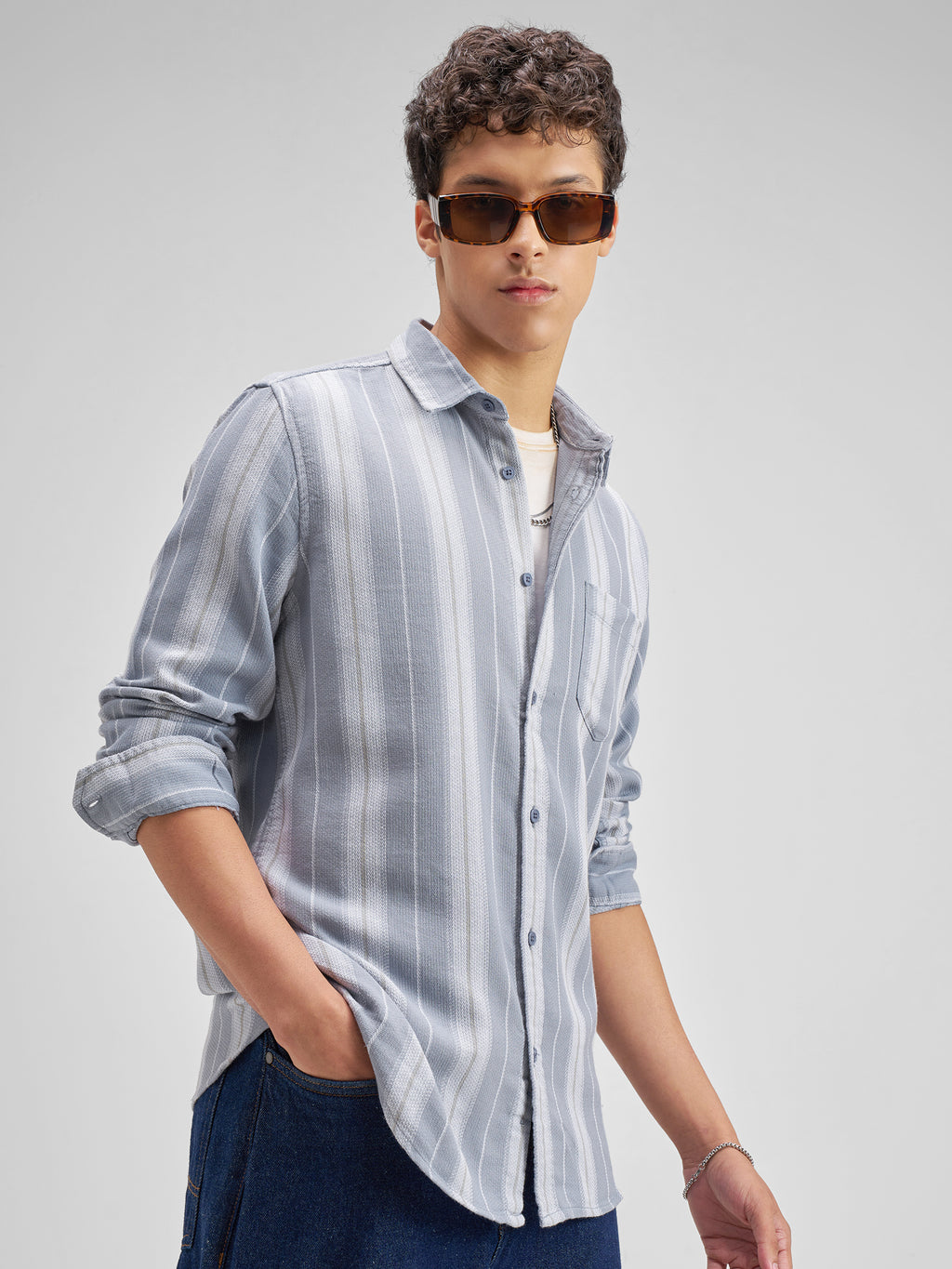 Highlander Men Blue Striped Regular Fit Casual Shirt - Blue - Image 6