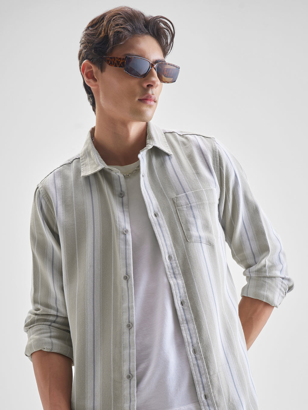 Highlander Men Olive Striped Slim Fit Casual Shirt - Olive - Image 1