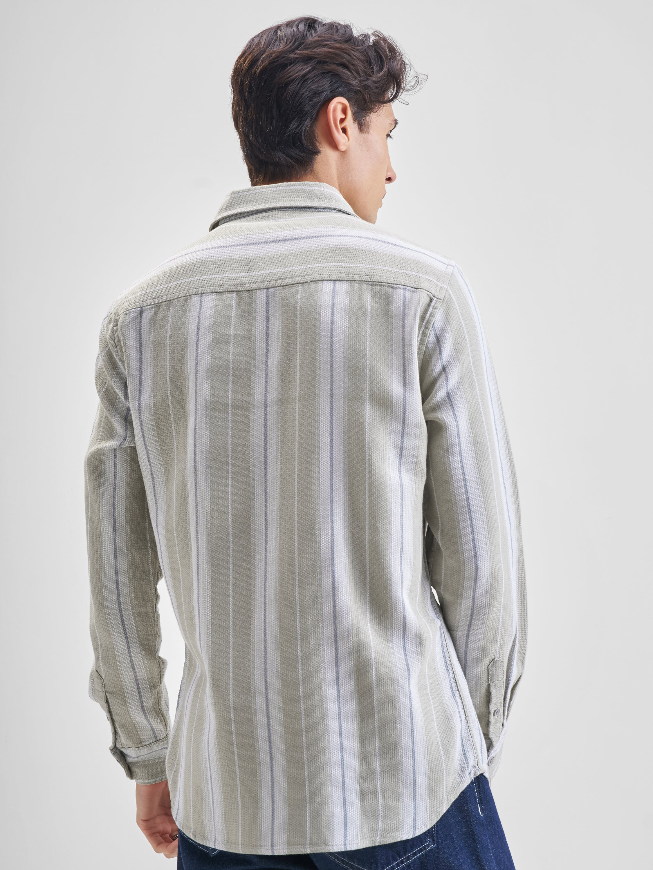Highlander Men Olive Striped Slim Fit Casual Shirt - Olive - Image 3