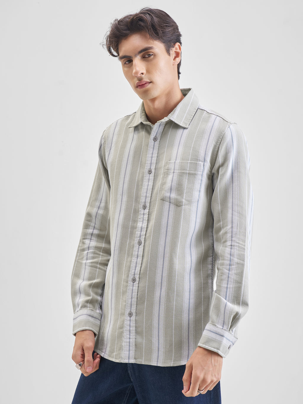 Highlander Men Olive Striped Slim Fit Casual Shirt - Olive - Image 4