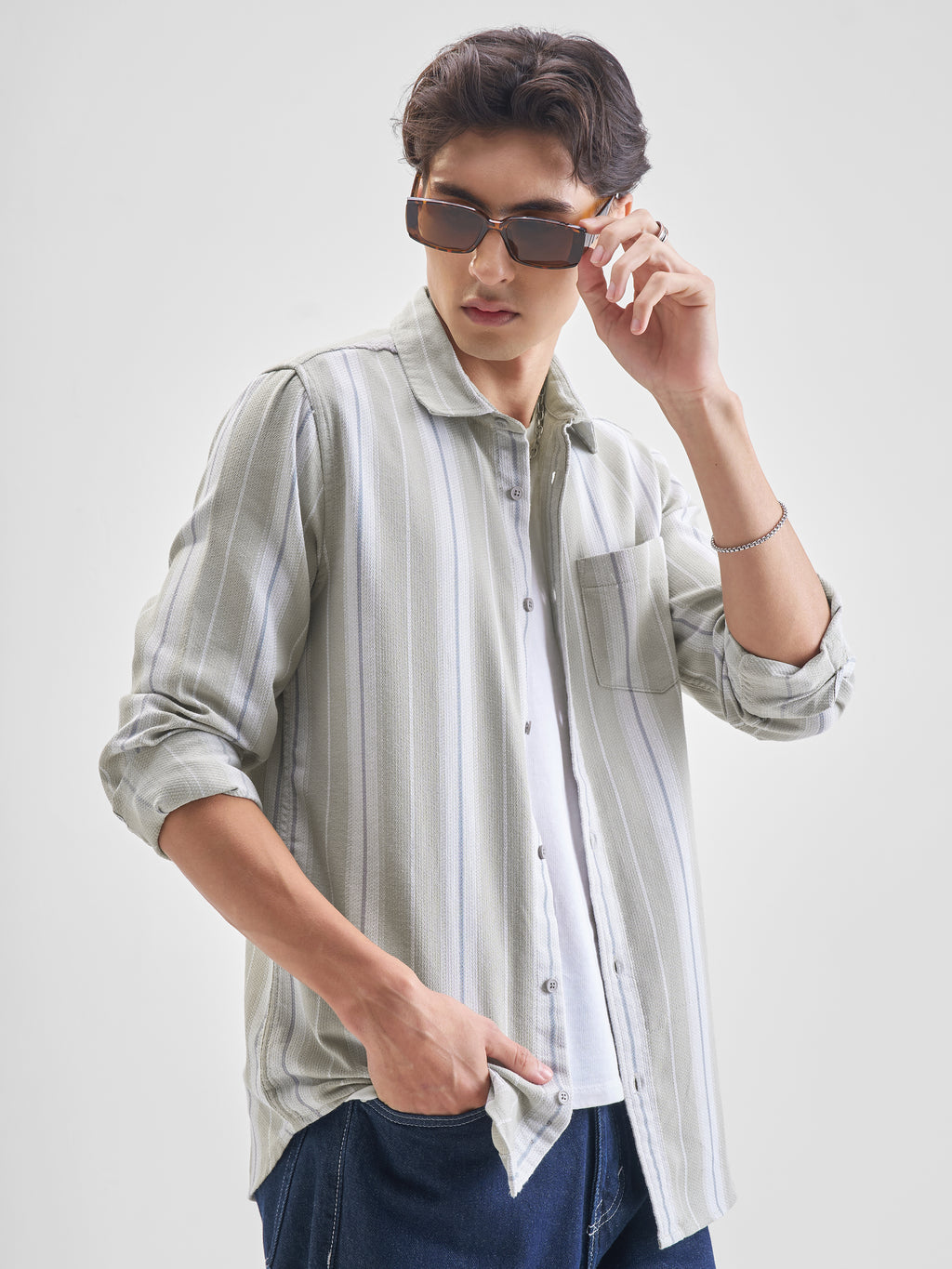 Highlander Men Olive Striped Slim Fit Casual Shirt - Olive - Image 6