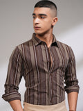 Highlander Men Brown Striped Slim Fit Casual Shirt - Brown - Image 1