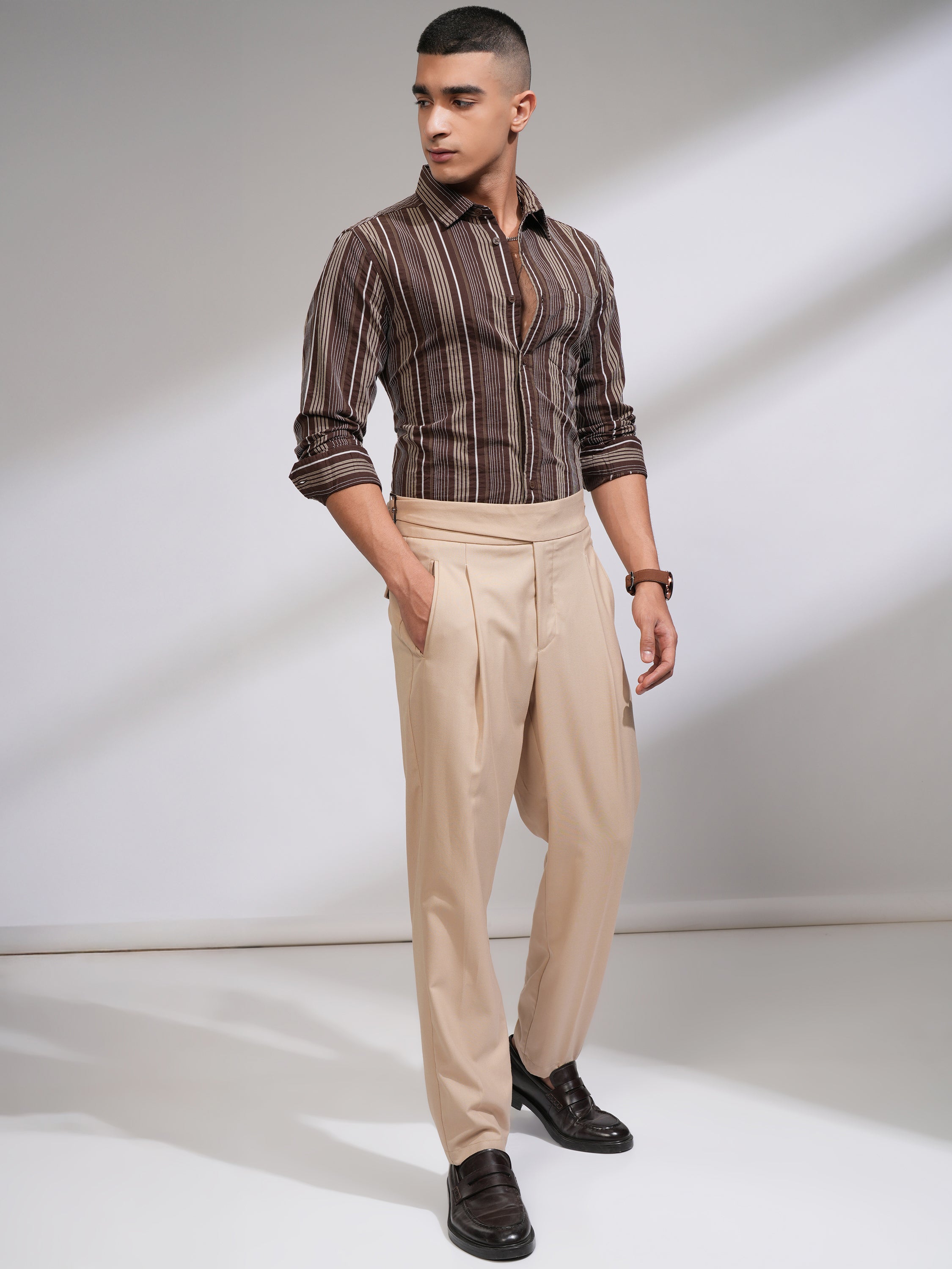 Highlander Men Brown Striped Slim Fit Casual Shirt - Brown - Image 2