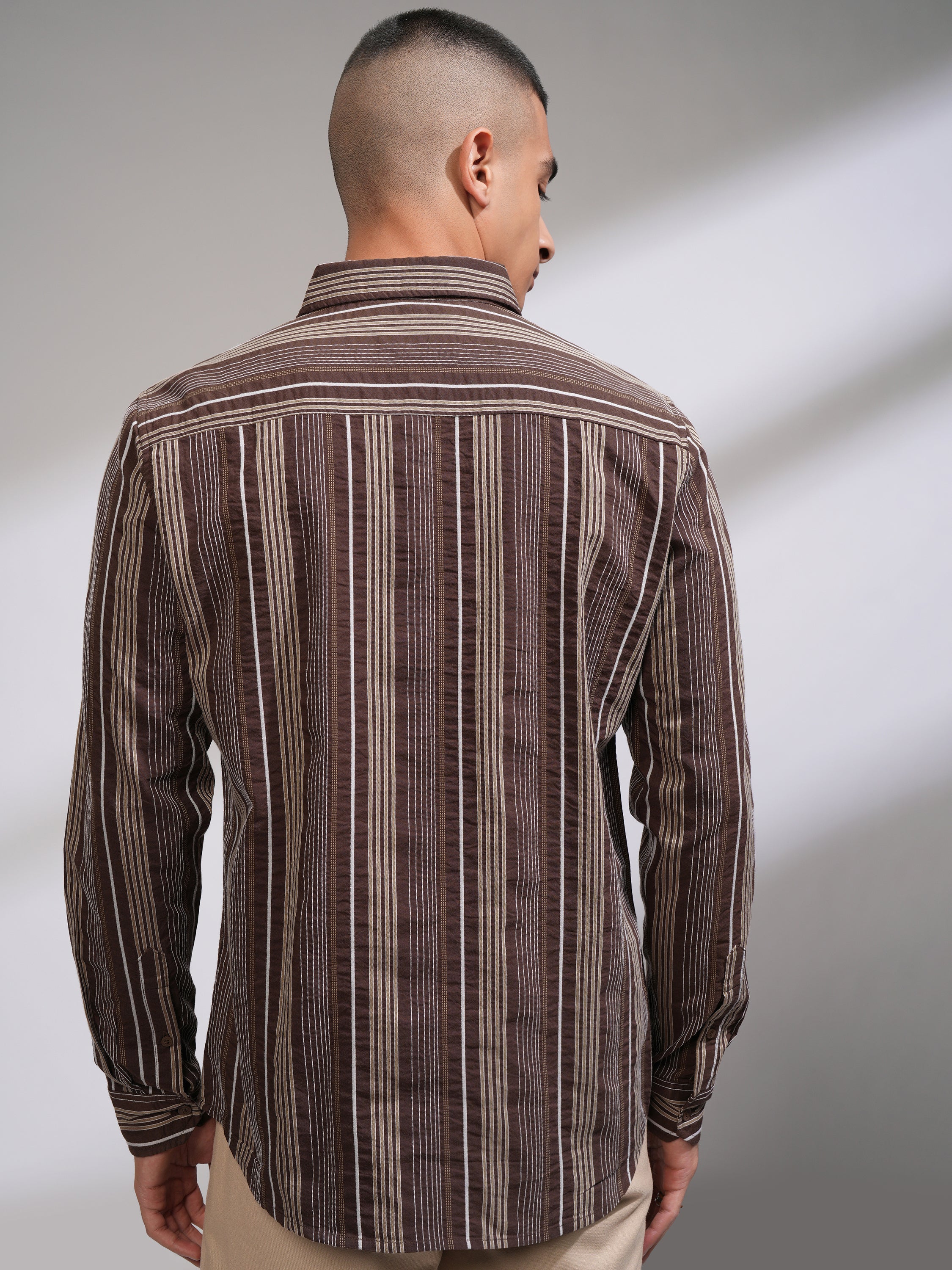 Highlander Men Brown Striped Slim Fit Casual Shirt - Brown - Image 3