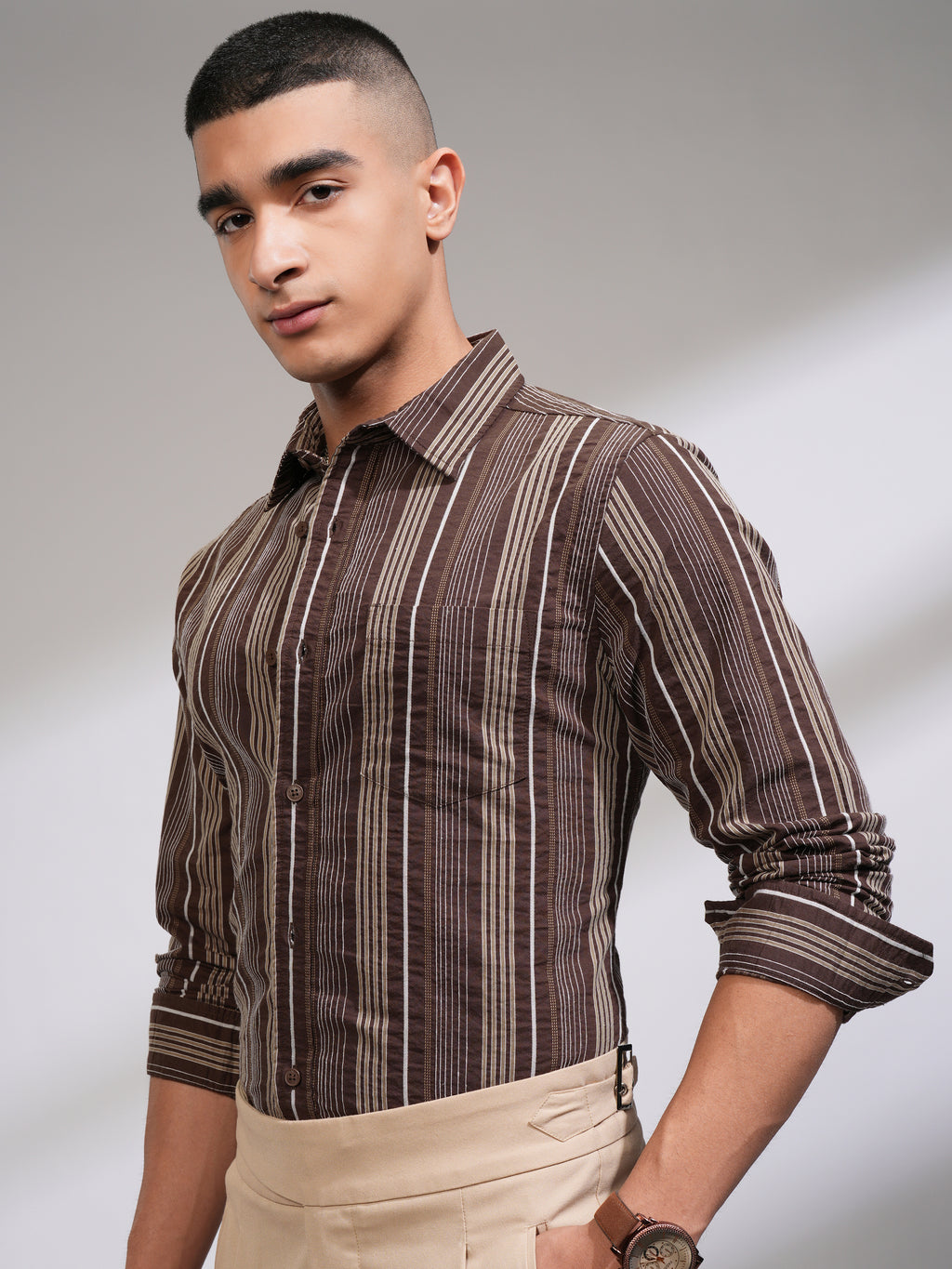 Highlander Men Brown Striped Slim Fit Casual Shirt - Brown - Image 4
