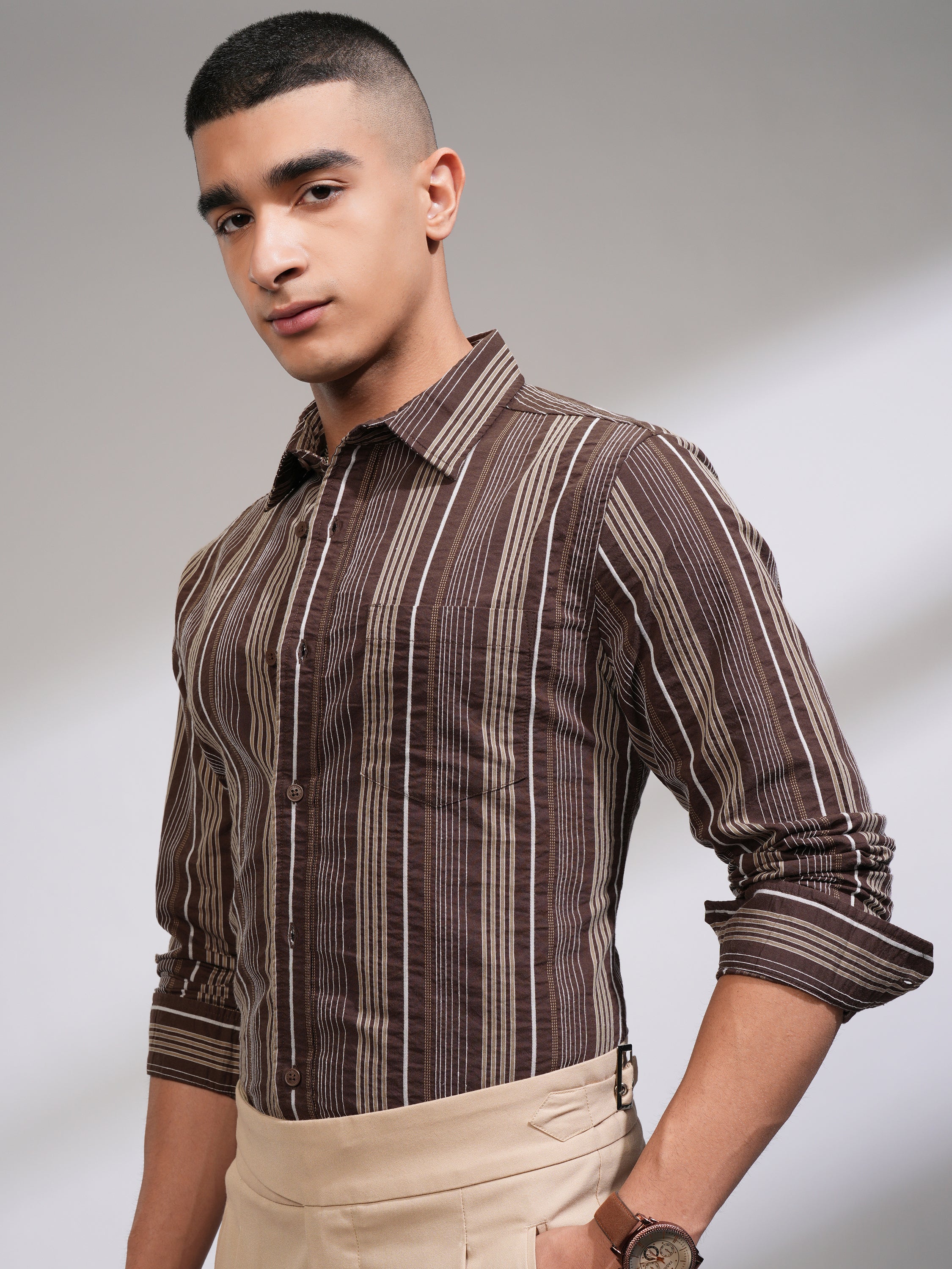 Highlander Men Brown Striped Slim Fit Casual Shirt - Brown - Image 4