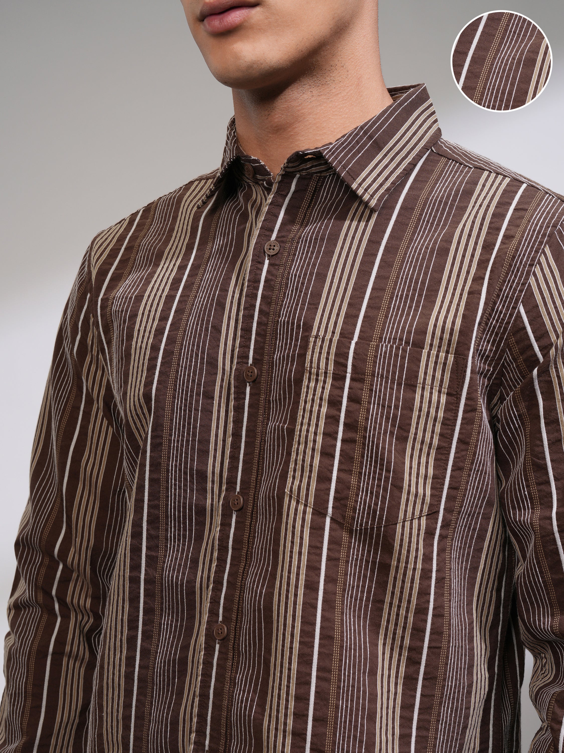 Highlander Men Brown Striped Slim Fit Casual Shirt - Brown - Image 5