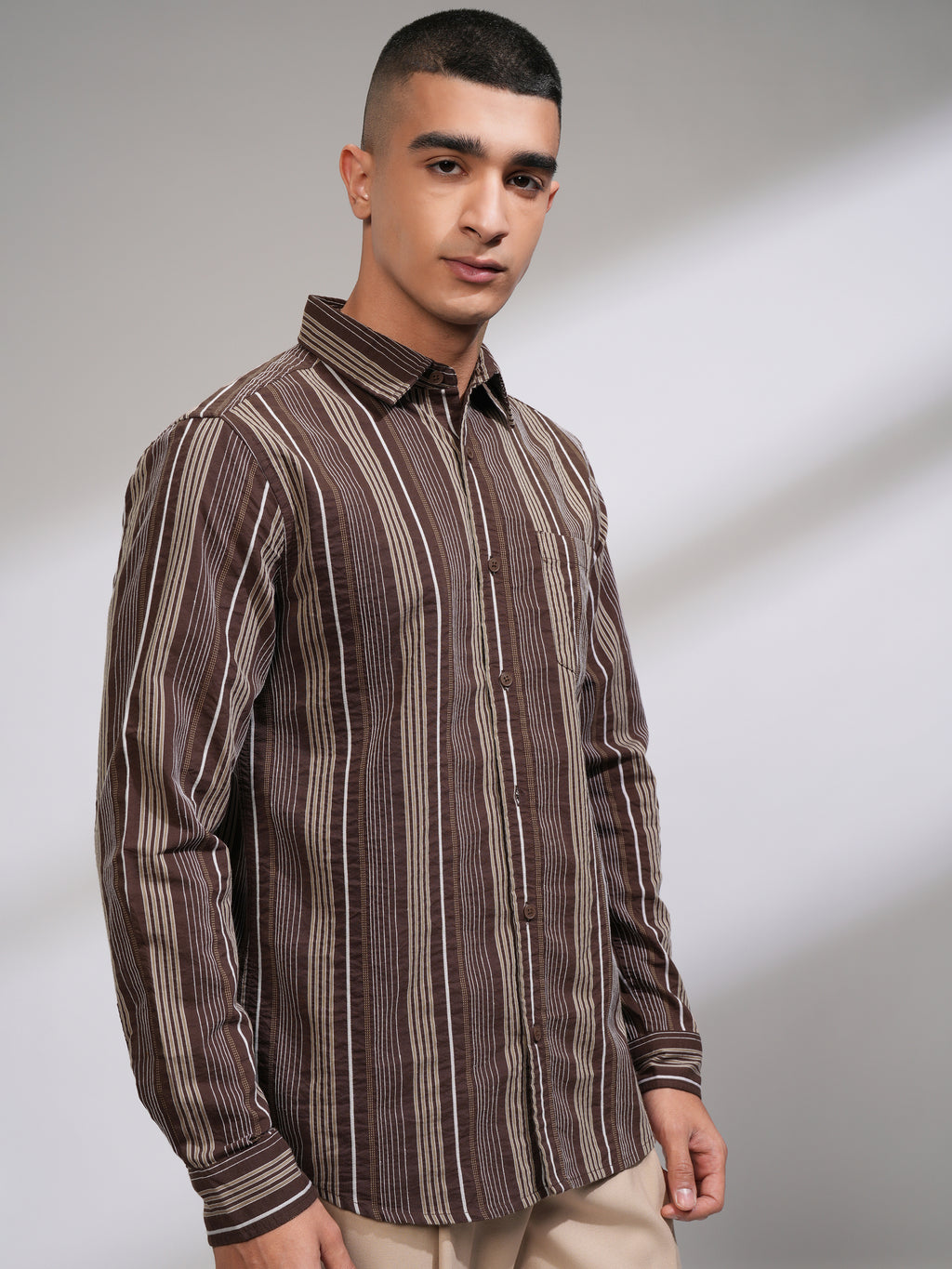 Highlander Men Brown Striped Slim Fit Casual Shirt - Brown - Image 6