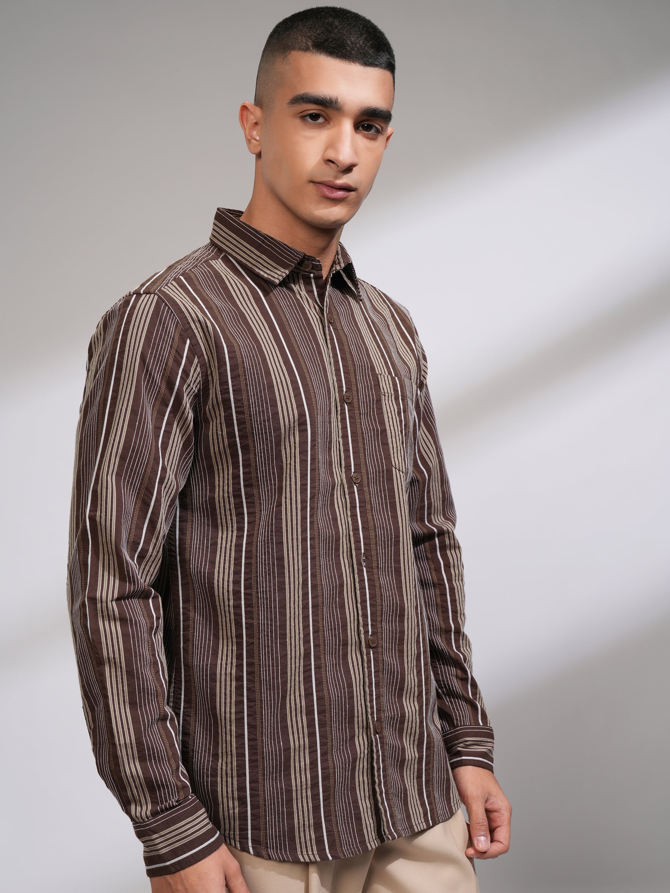 Highlander Men Brown Striped Slim Fit Casual Shirt - Brown - Image 6