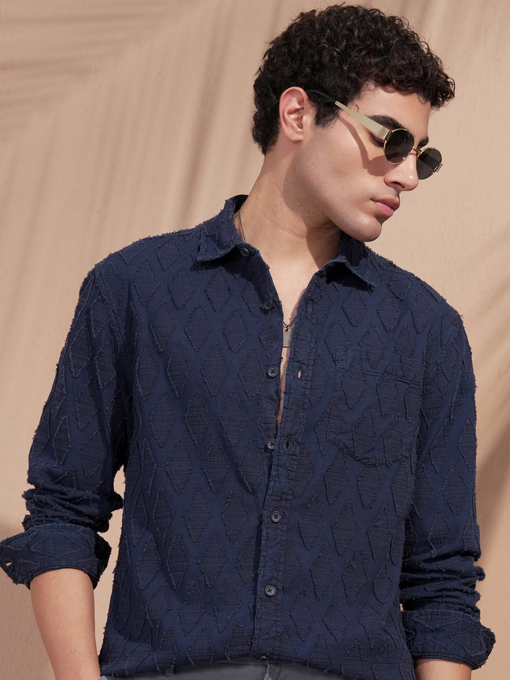 Highlander Men Navy Blue Self Design Relaxed Fit Casual Shirt - Navy Blue - Image 1