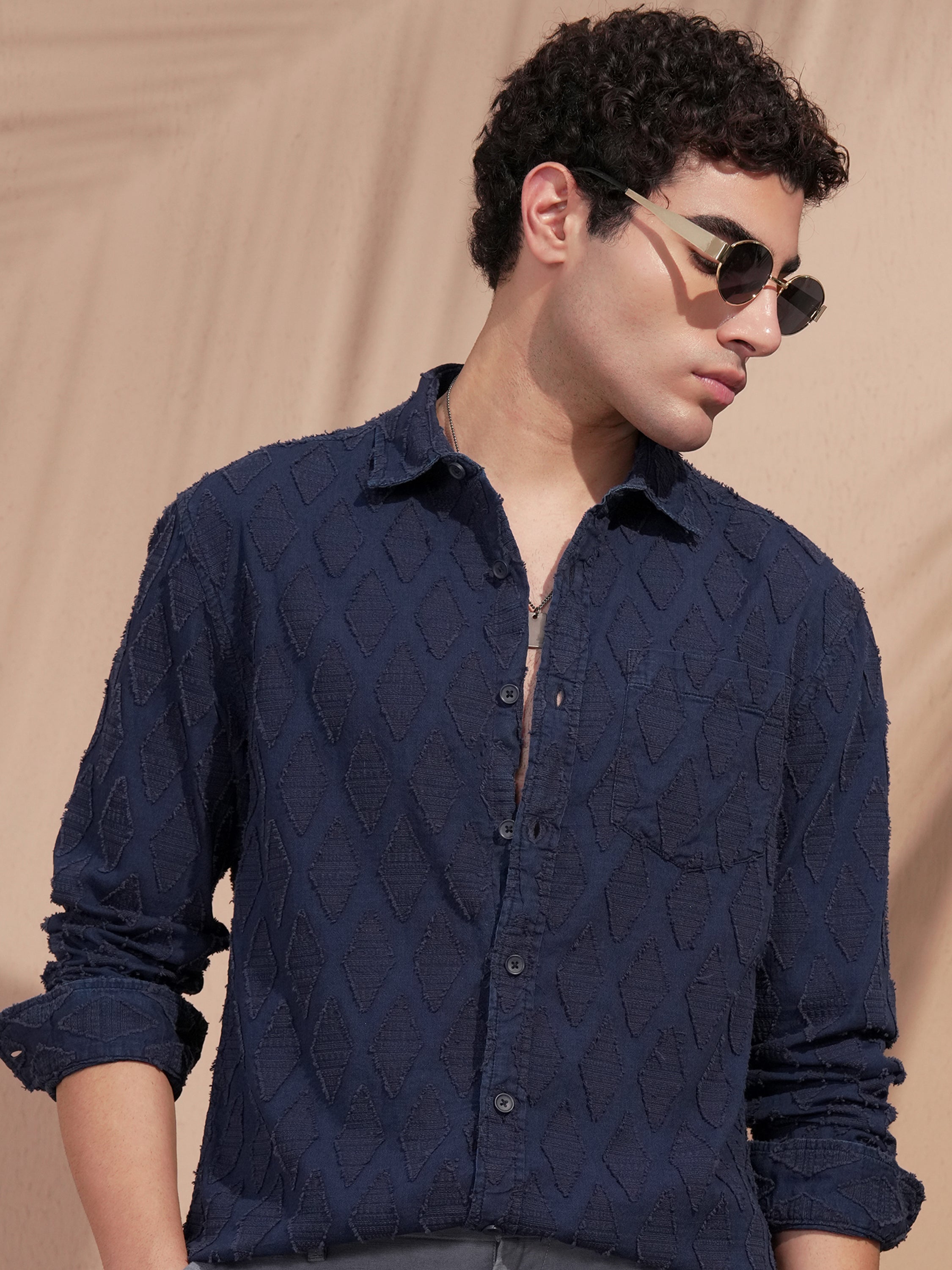 Highlander Men Navy Blue Self Design Relaxed Fit Casual Shirt - Navy Blue - Image 1