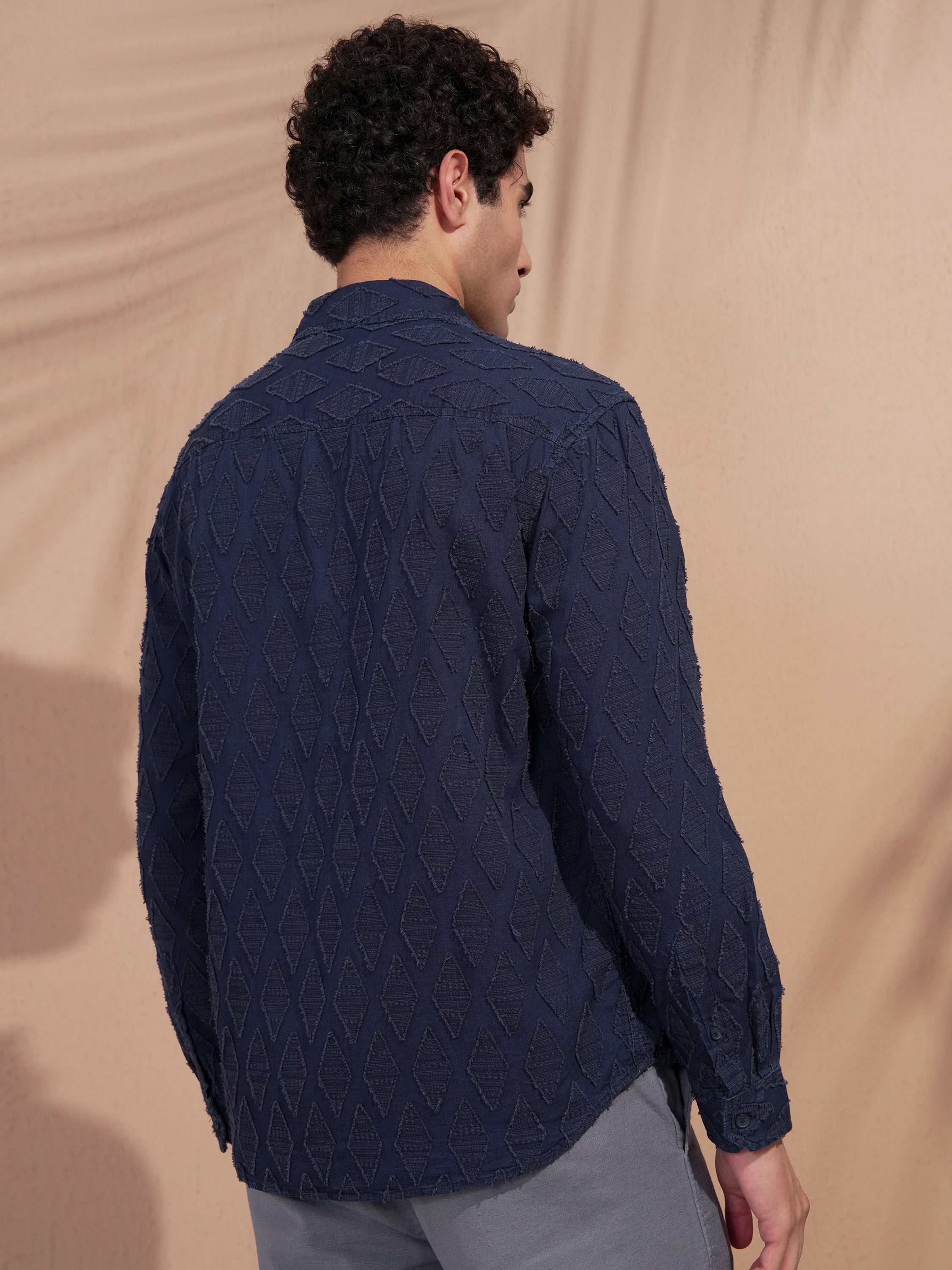 Highlander Men Navy Blue Self Design Relaxed Fit Casual Shirt - Navy Blue - Image 3
