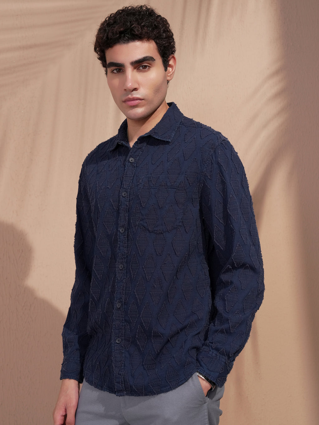 Highlander Men Navy Blue Self Design Relaxed Fit Casual Shirt - Navy Blue - Image 4