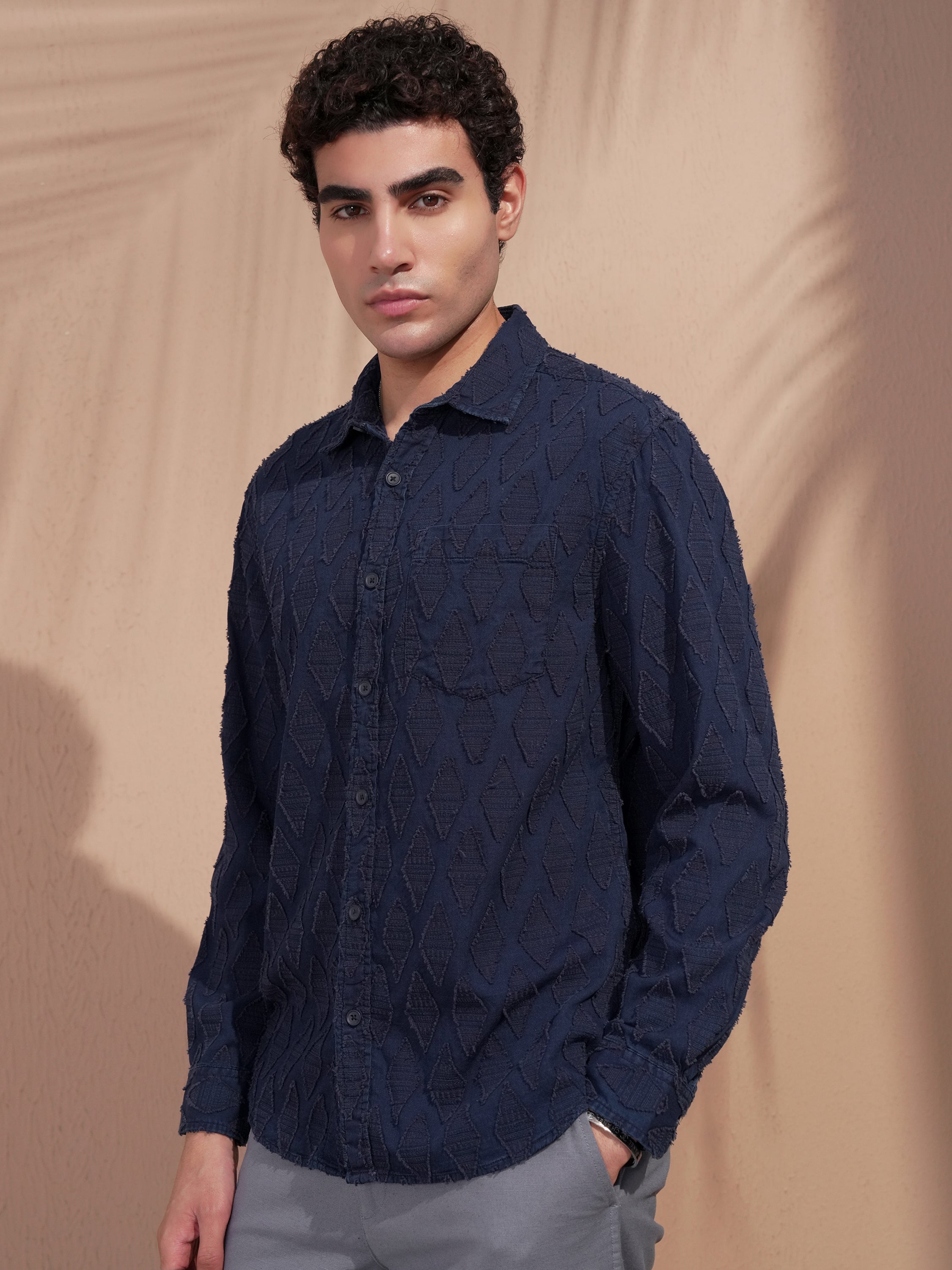 Highlander Men Navy Blue Self Design Relaxed Fit Casual Shirt - Navy Blue - Image 4