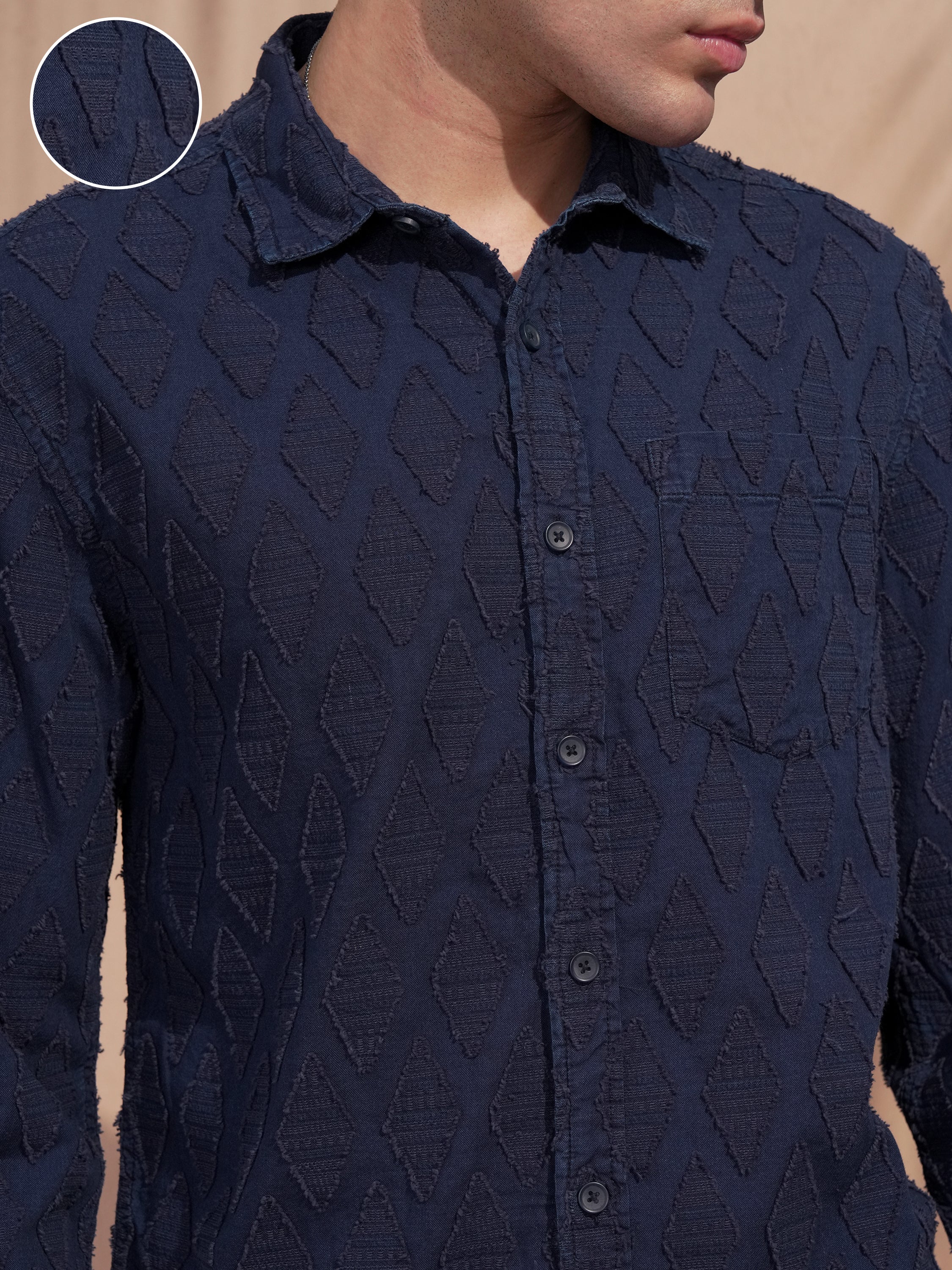 Highlander Men Navy Blue Self Design Relaxed Fit Casual Shirt - Navy Blue - Image 5