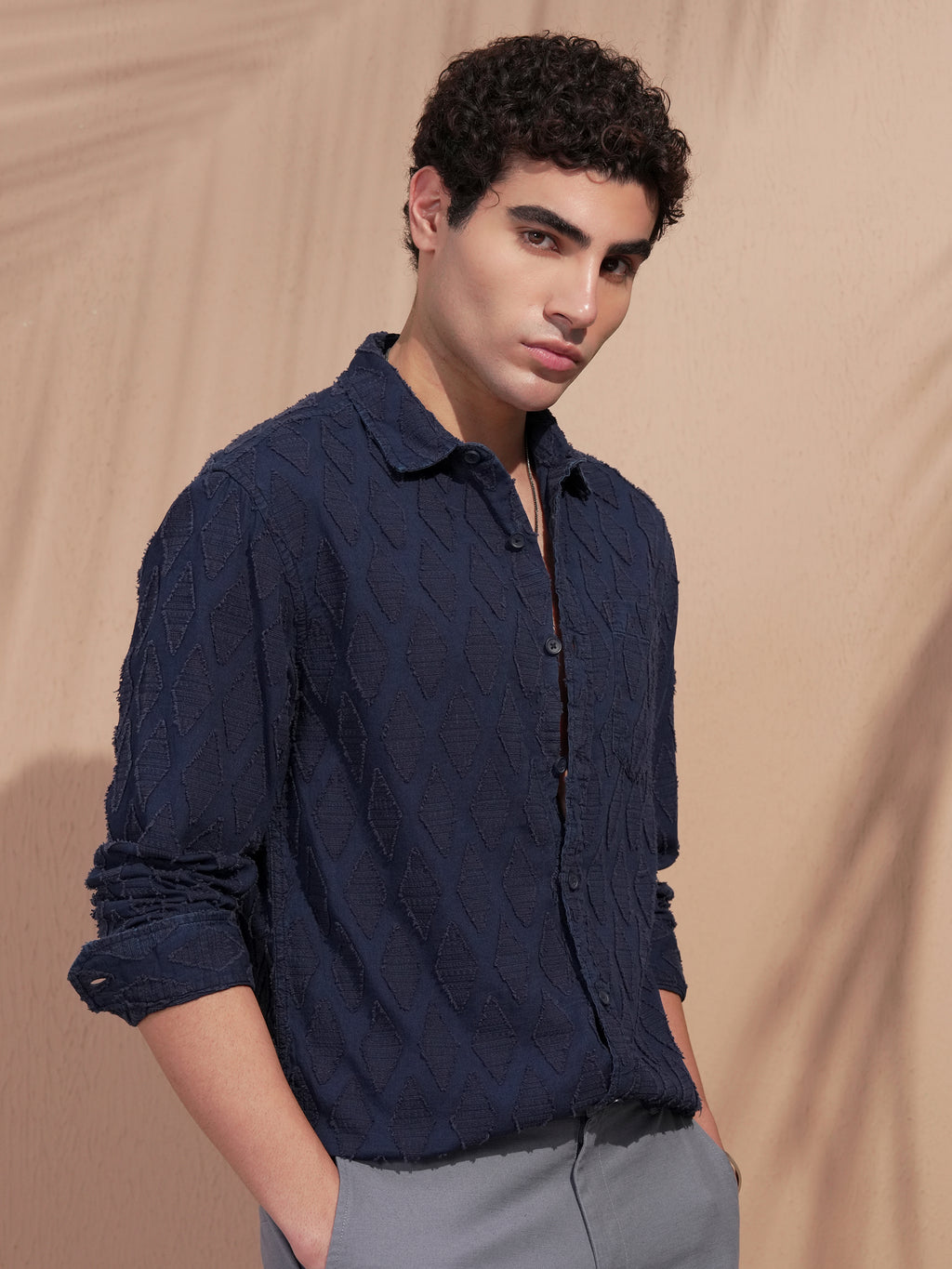 Highlander Men Navy Blue Self Design Relaxed Fit Casual Shirt - Navy Blue - Image 6